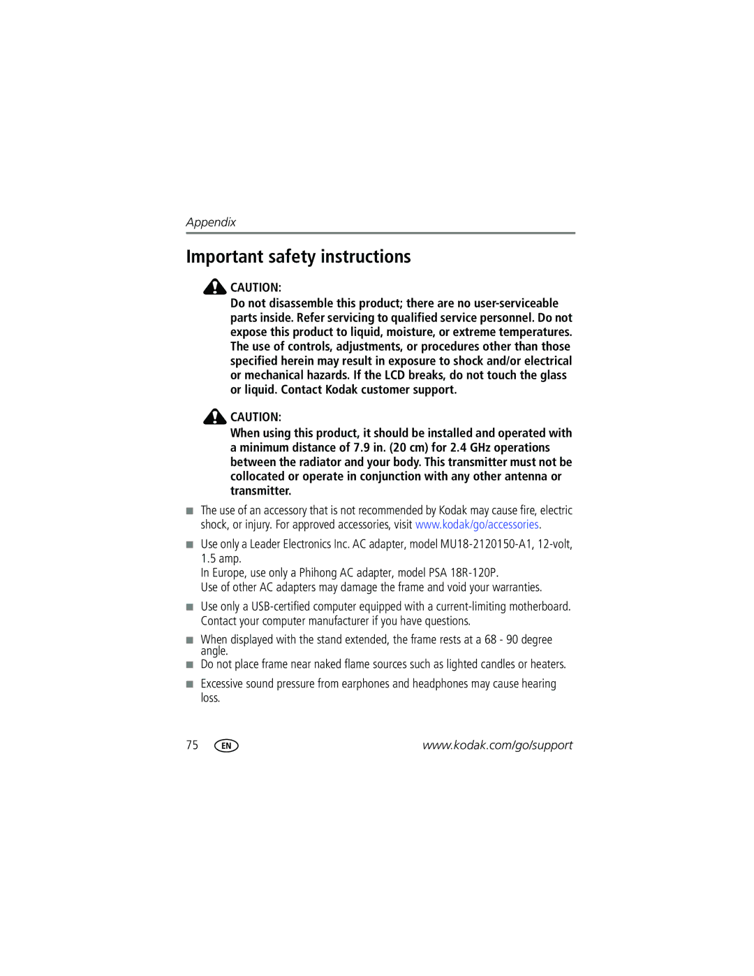 Kodak W820, W1020 manual Important safety instructions 