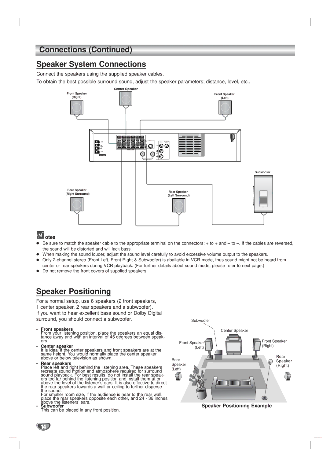 Kodak XBS444 warranty Connections Speaker System Connections, Speaker Positioning Example 