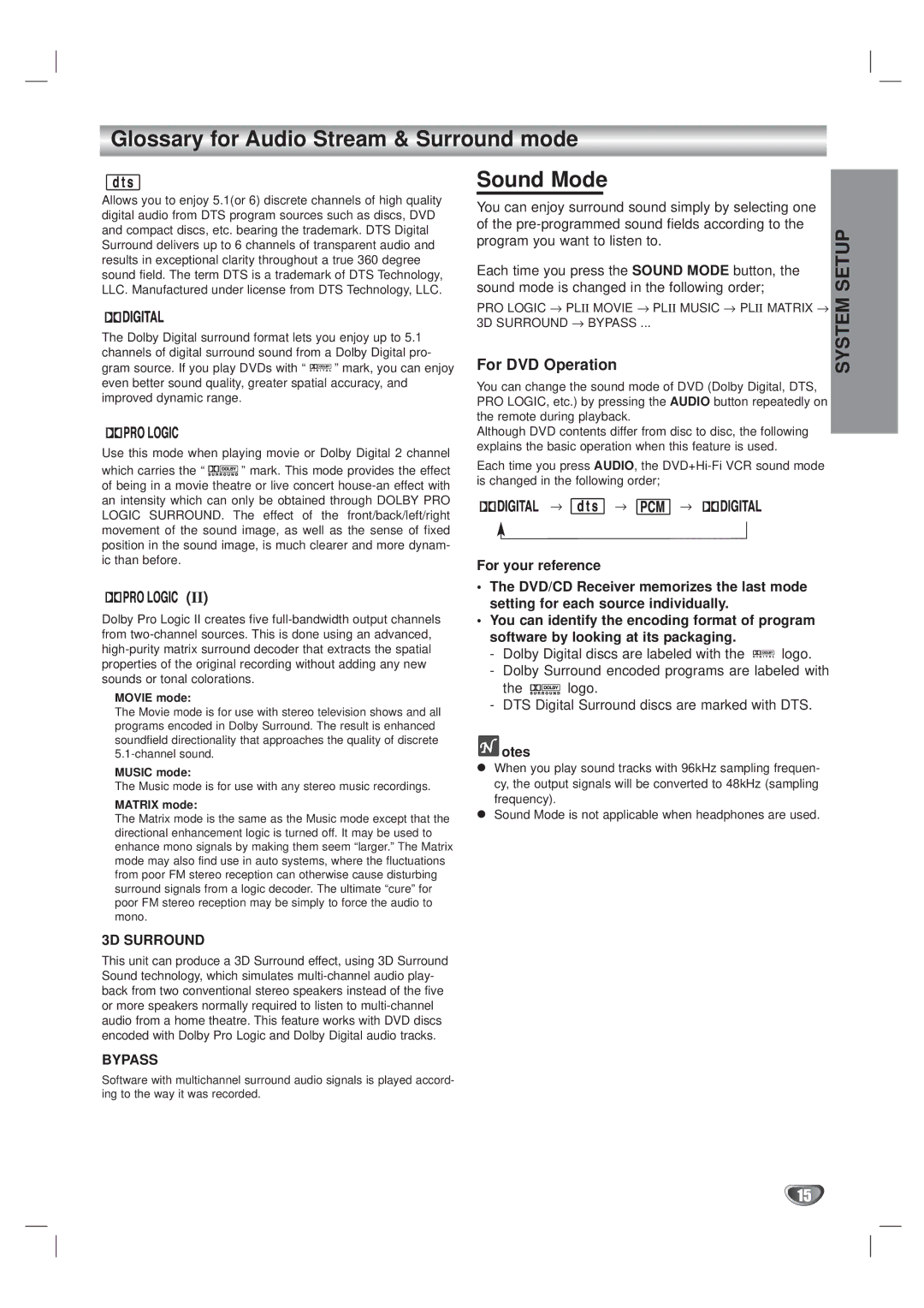 Kodak XBS444 warranty Glossary for Audio Stream & Surround mode Sound Mode, For DVD Operation, 3D Surround, Bypass 