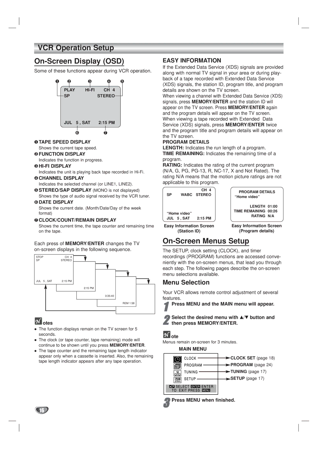 Kodak XBS444 warranty VCR Operation Setup On-Screen Display OSD, On-Screen Menus Setup, Menu Selection 