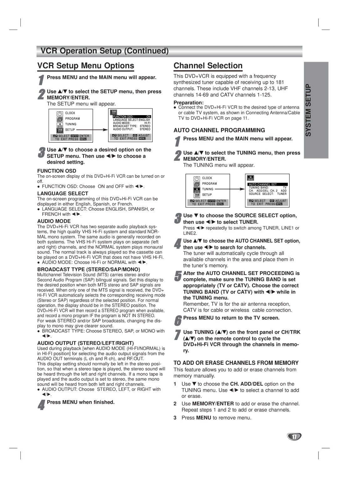 Kodak XBS444 warranty VCR Operation Setup VCR Setup Menu Options, Channel Selection 