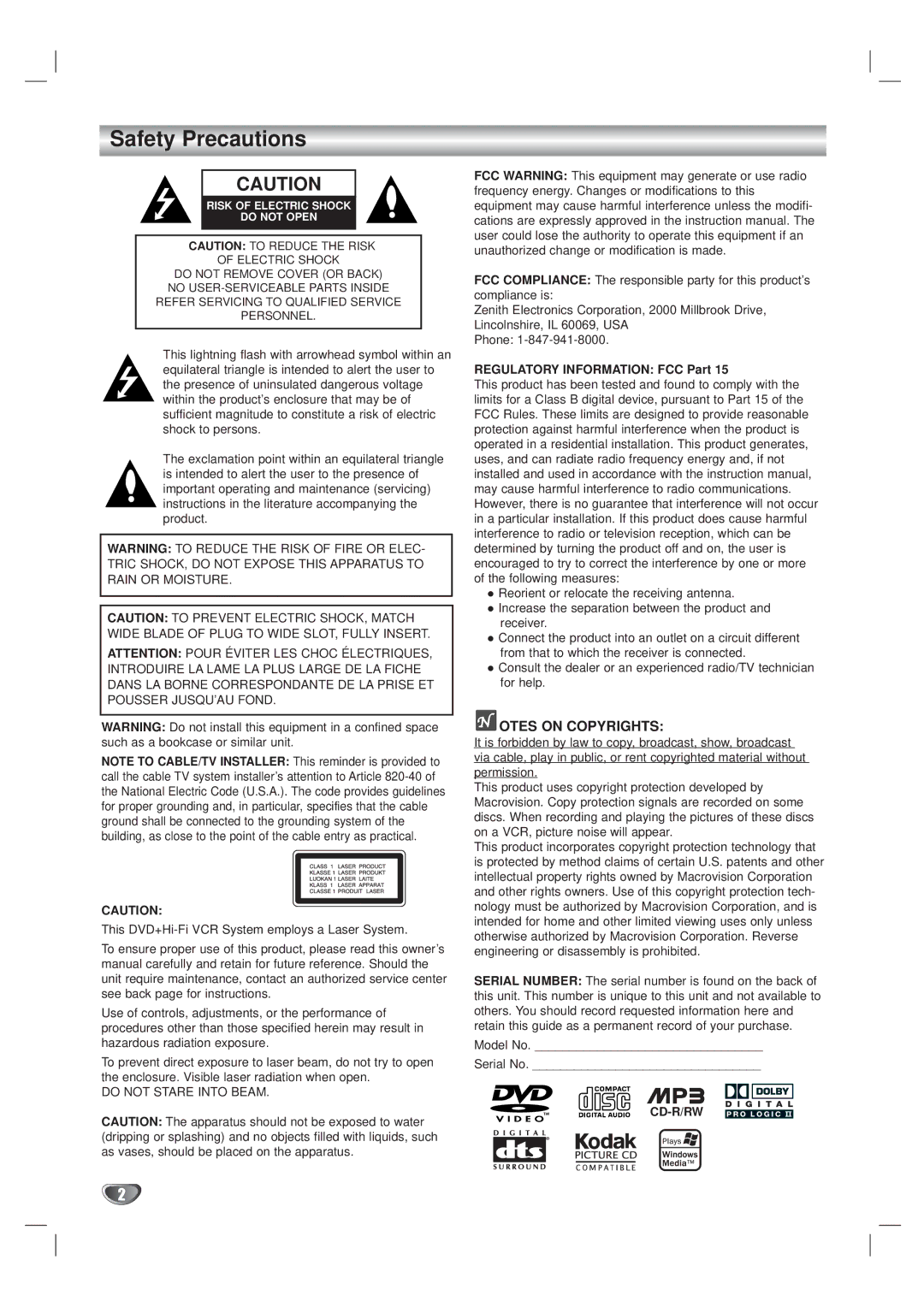 Kodak XBS444 warranty Safety Precautions, Otes on Copyrights, Regulatory Information FCC Part 