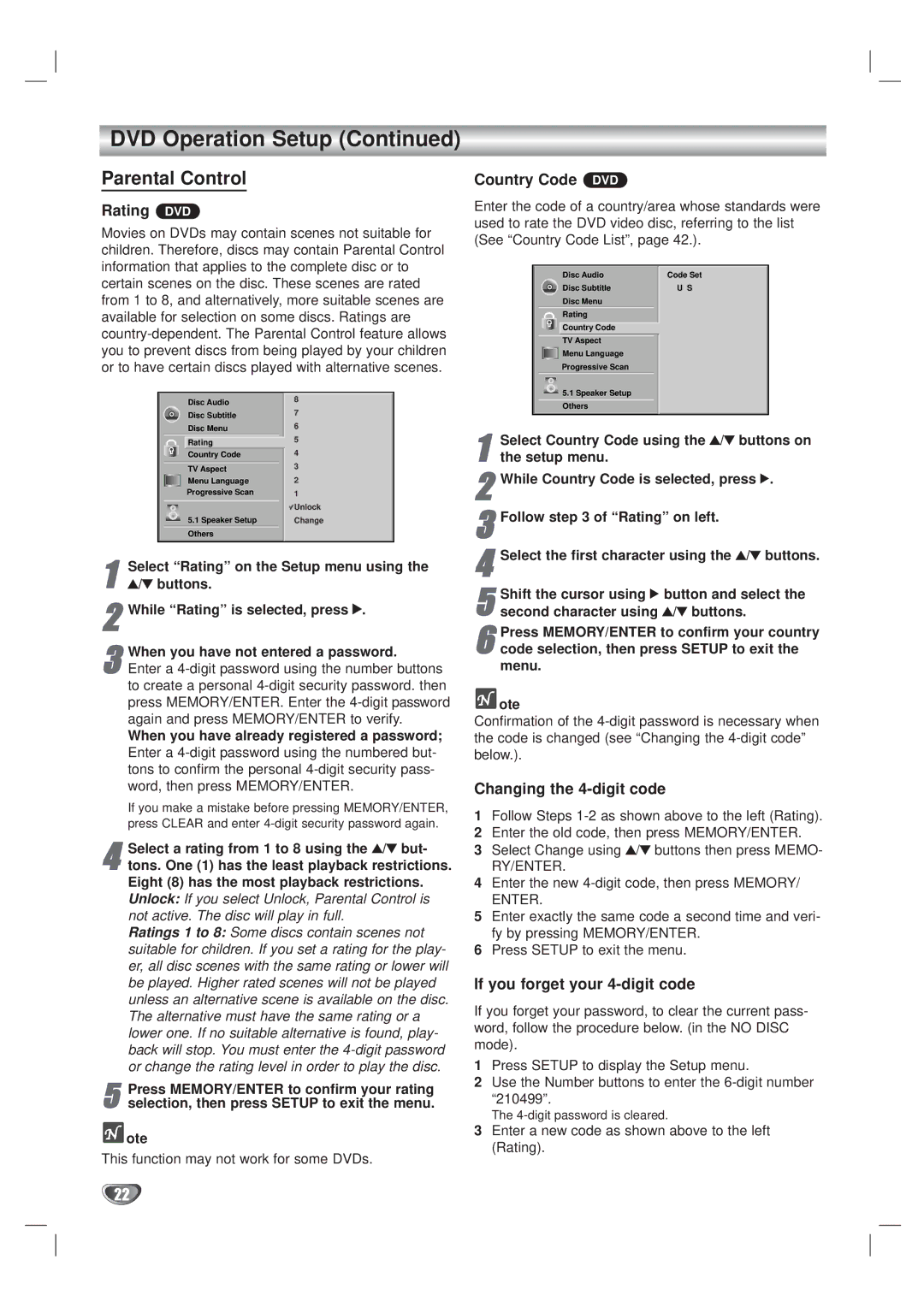 Kodak XBS444 Parental Control, Rating DVD Country Code DVD, Changing the 4-digit code, If you forget your 4-digit code 