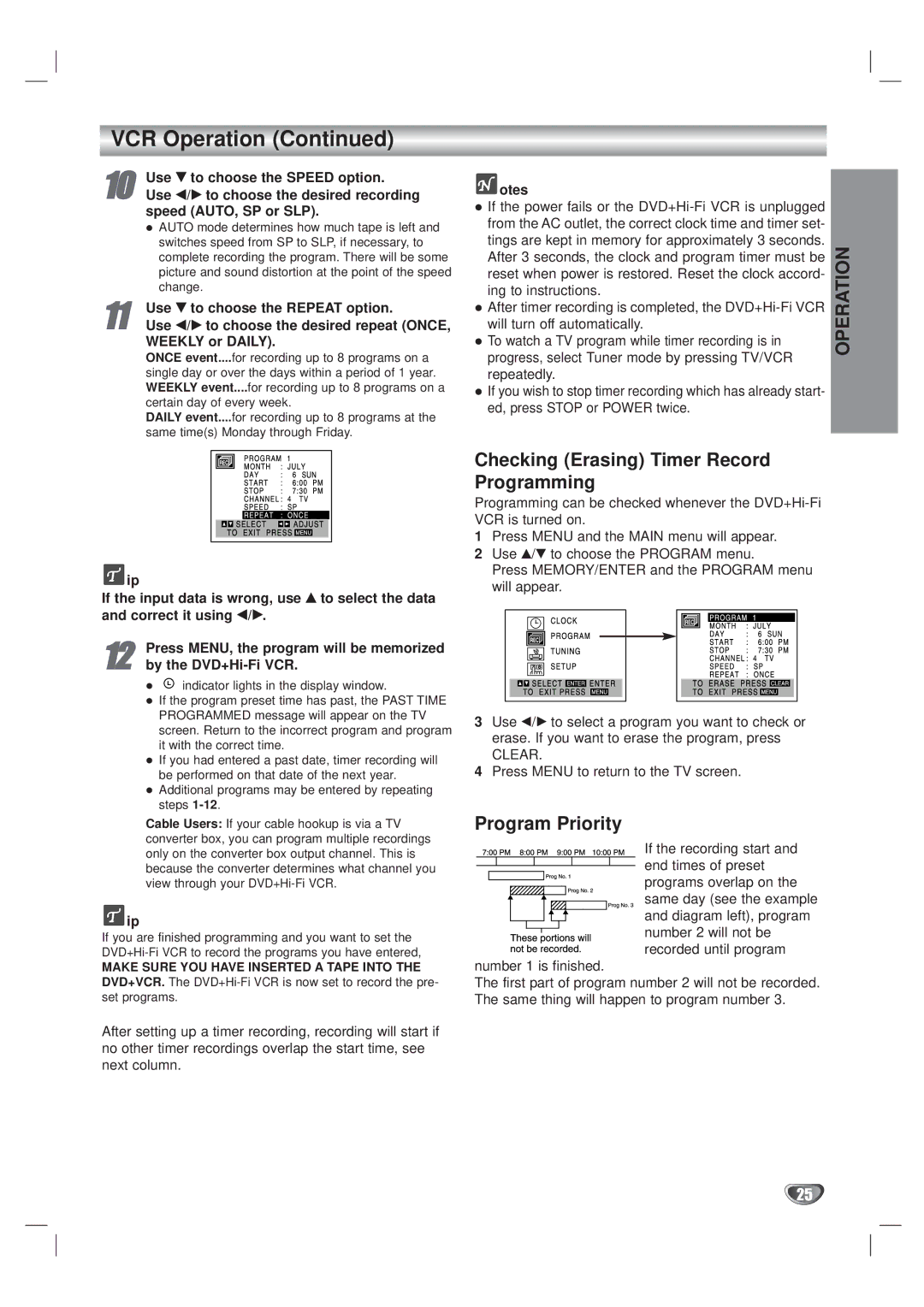 Kodak XBS444 warranty VCR Operation, Checking Erasing Timer Record Programming, Program Priority 