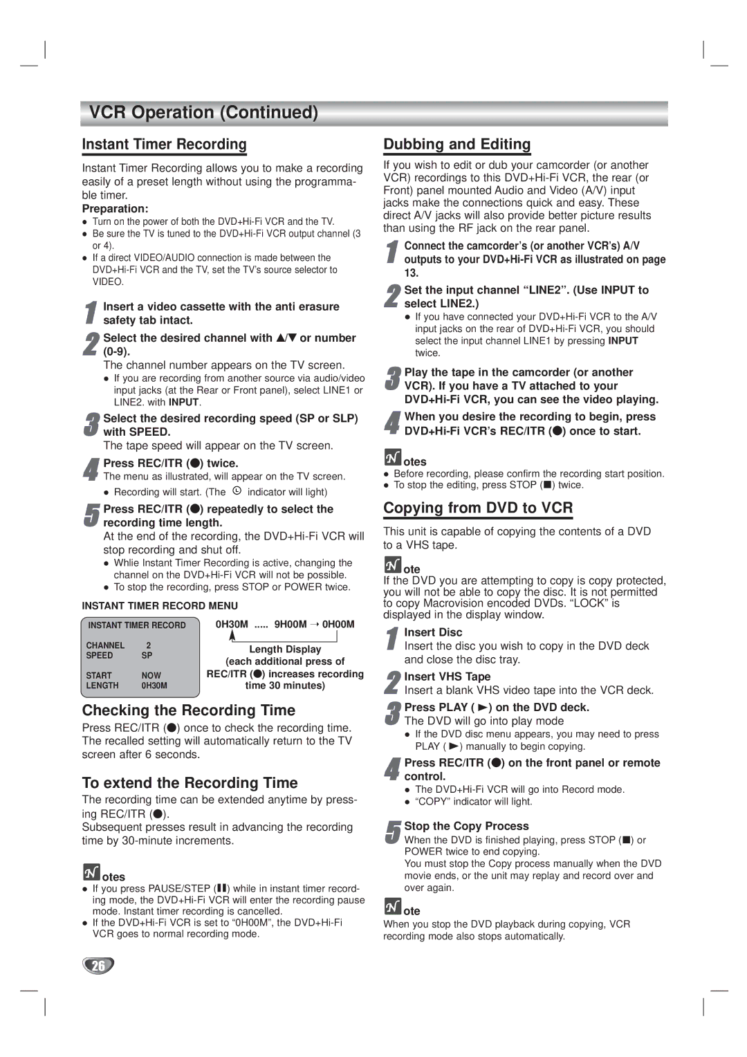 Kodak XBS444 Instant Timer Recording, Checking the Recording Time, To extend the Recording Time, Dubbing and Editing 