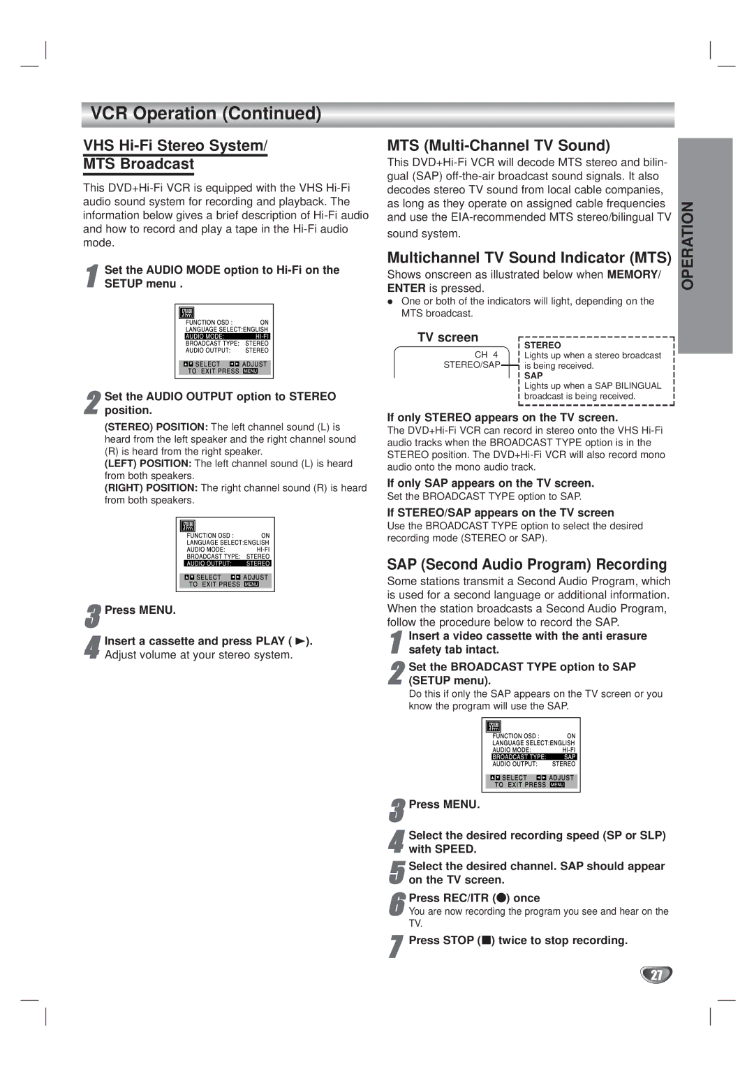 Kodak XBS444 warranty MTS Multi-Channel TV Sound, Multichannel TV Sound Indicator MTS, SAP Second Audio Program Recording 