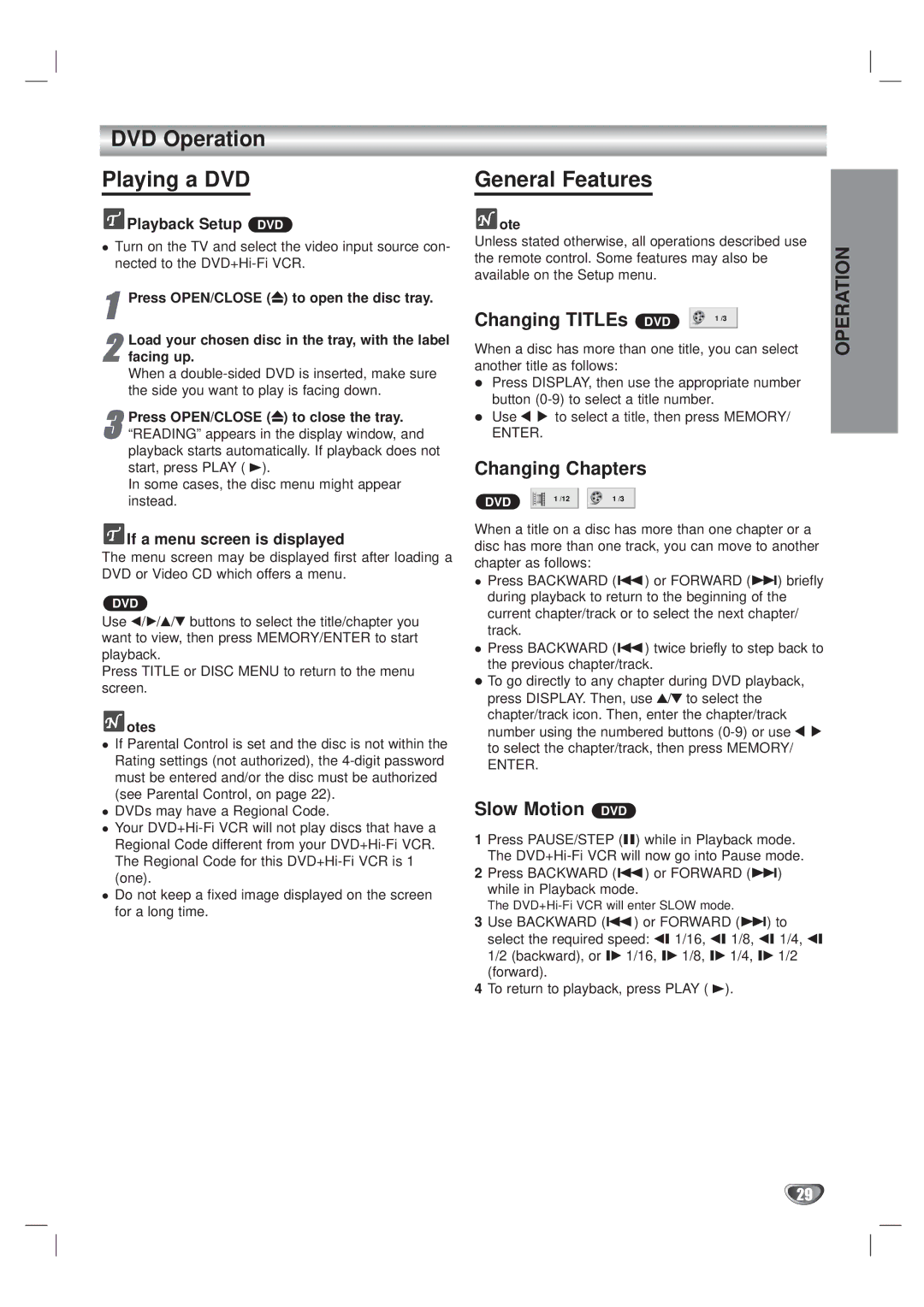 Kodak XBS444 warranty DVD Operation Playing a DVD, General Features, Changing TITLEs, Changing Chapters, Slow Motion DVD 