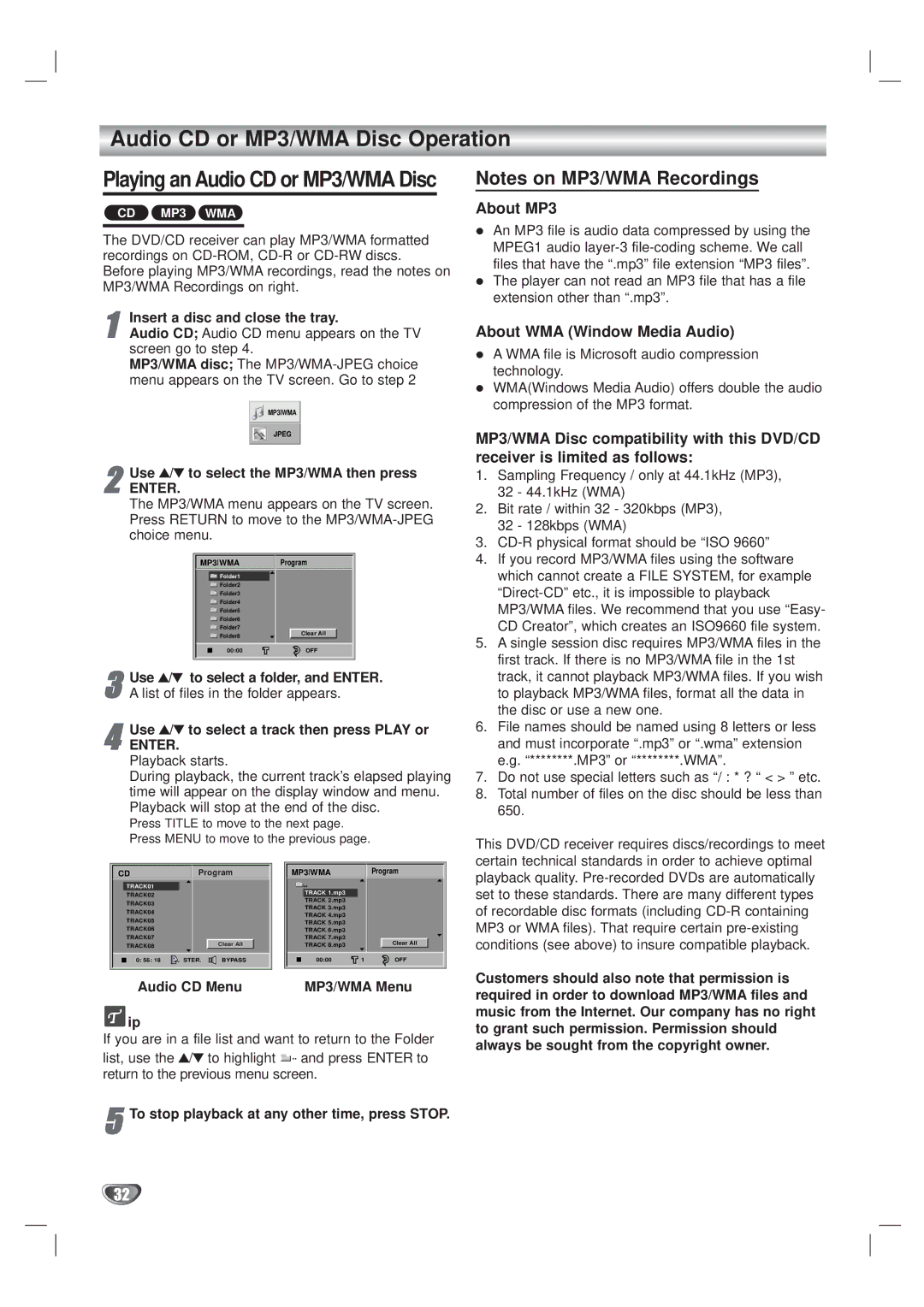 Kodak XBS444 warranty Audio CD or MP3/WMA Disc Operation, About MP3, About WMA Window Media Audio, Enter 