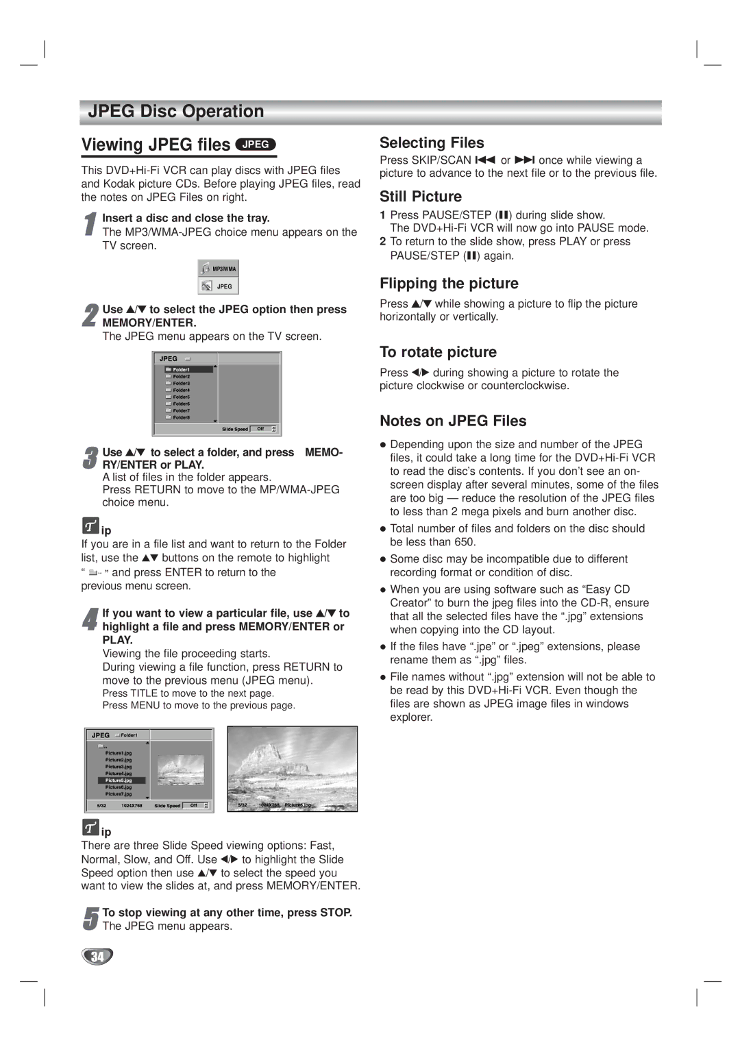 Kodak XBS444 warranty Jpeg Disc Operation Viewing Jpeg files Jpeg, Selecting Files, Still Picture, Flipping the picture 