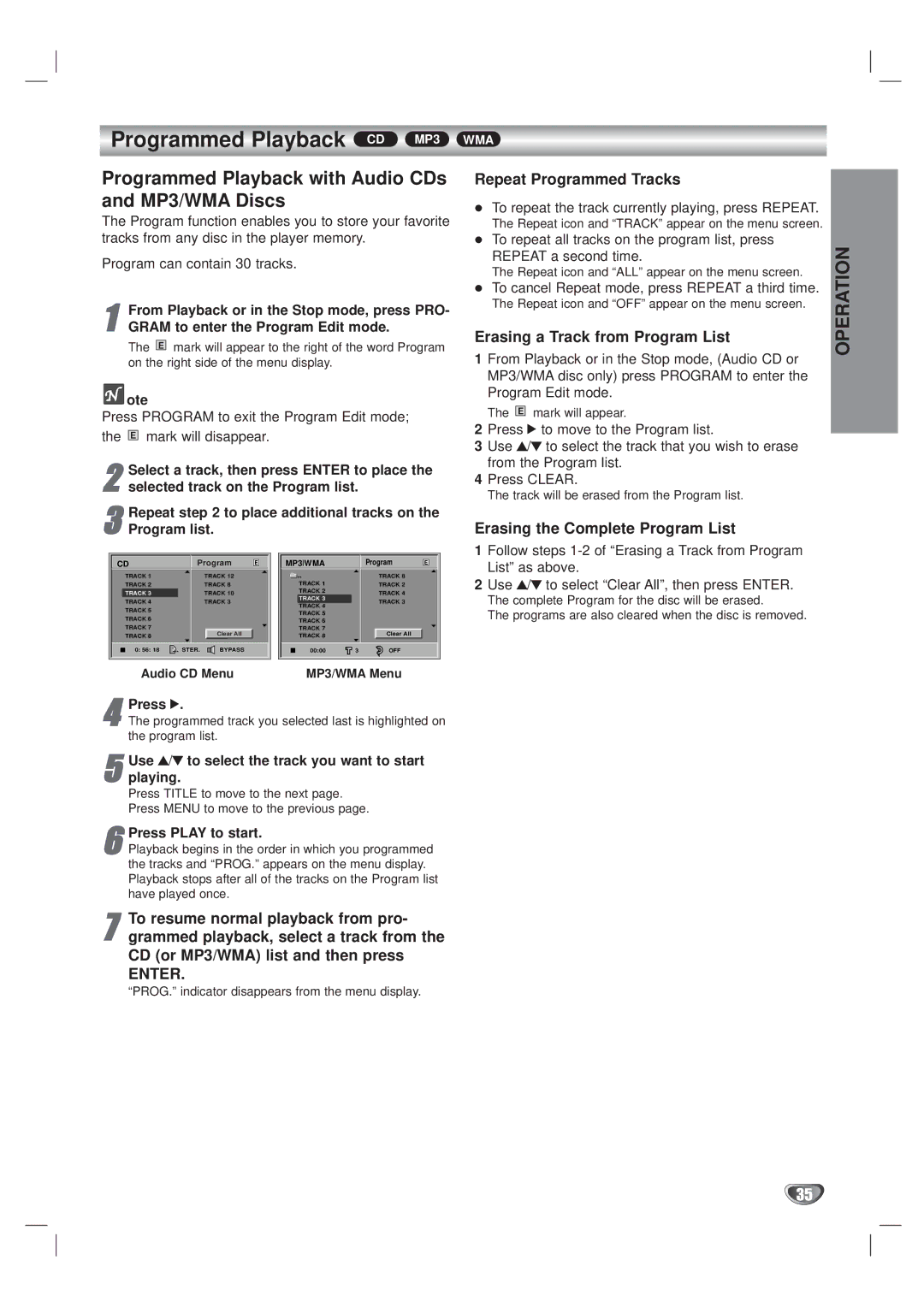 Kodak XBS444 warranty Programmed Playback CD MP3 WMA, Programmed Playback with Audio CDs and MP3/WMA Discs 