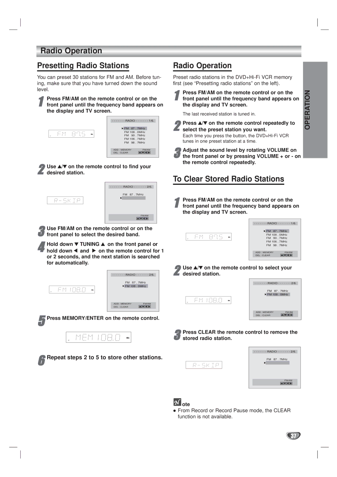 Kodak XBS444 warranty Radio Operation Presetting Radio Stations, To Clear Stored Radio Stations 