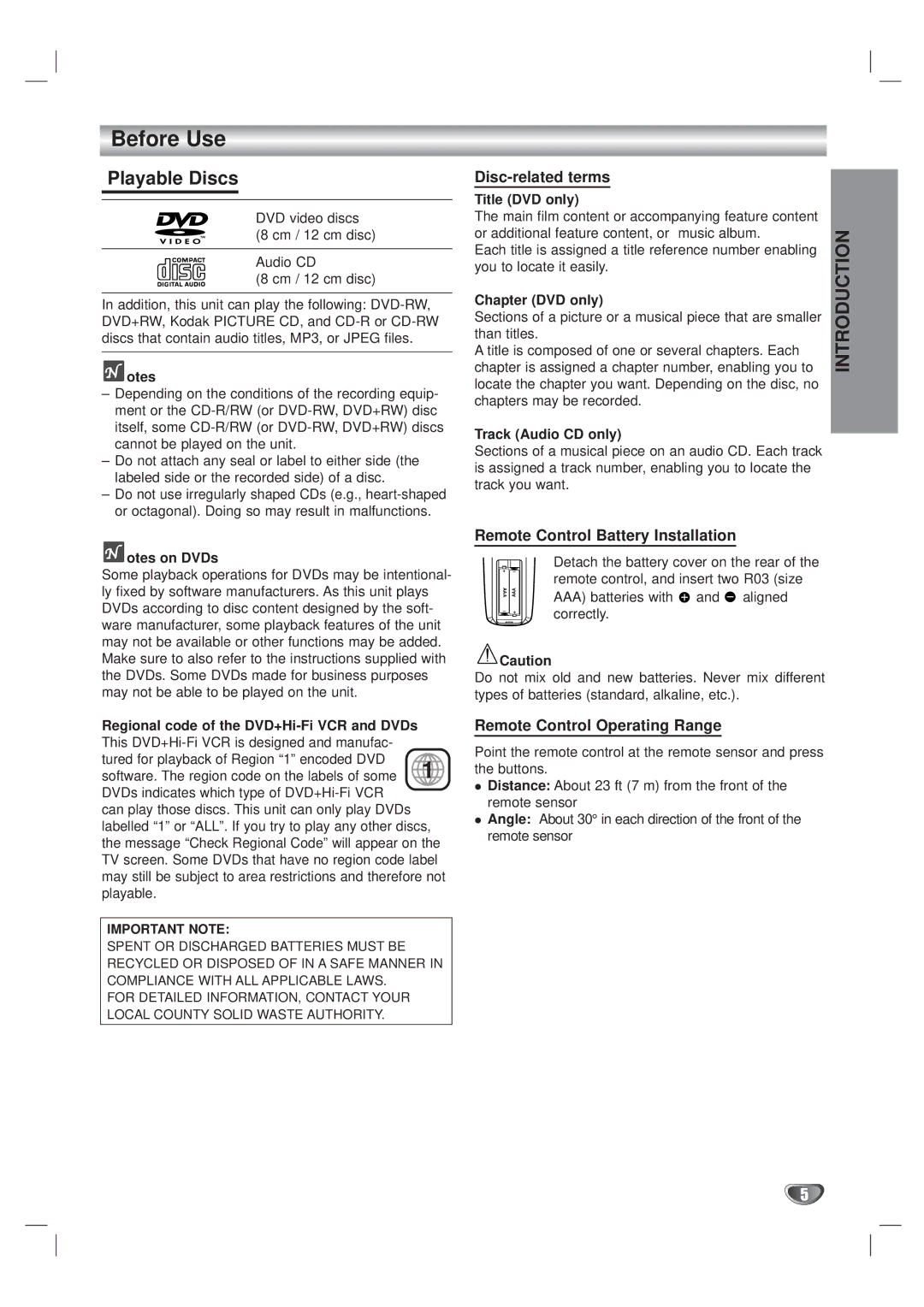 Kodak XBS444 warranty Before Use, Playable Discs, Disc-related terms, Remote Control Battery Installation 