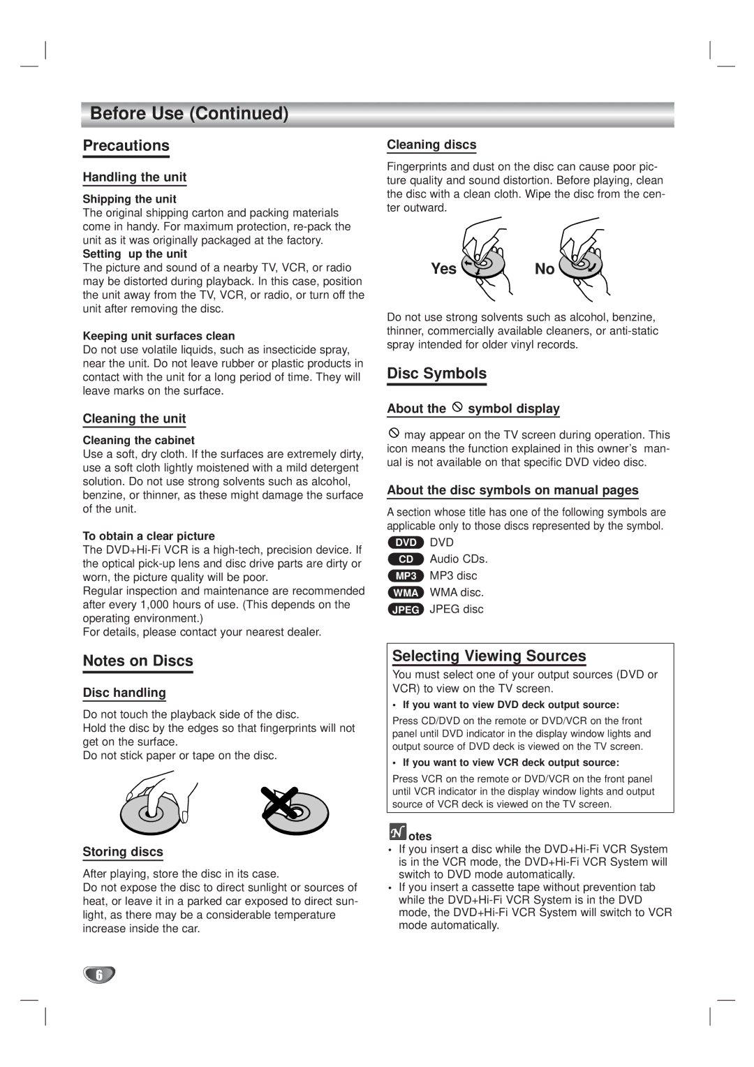 Kodak XBS444 warranty Precautions, Yes No, Disc Symbols, Selecting Viewing Sources 