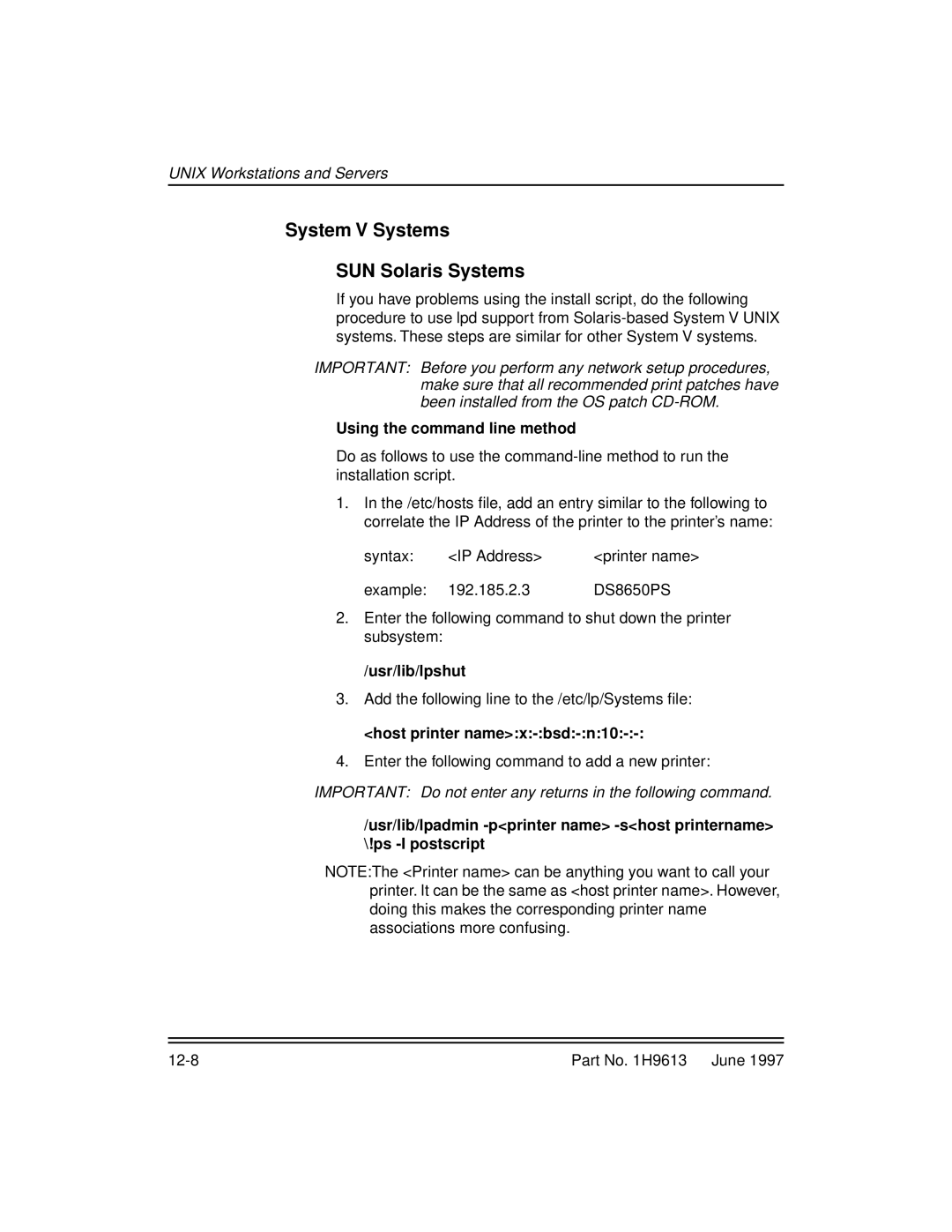 Kodak XLS 8400 setup guide System V Systems SUN Solaris Systems, Using the command line method, Usr/lib/lpshut 