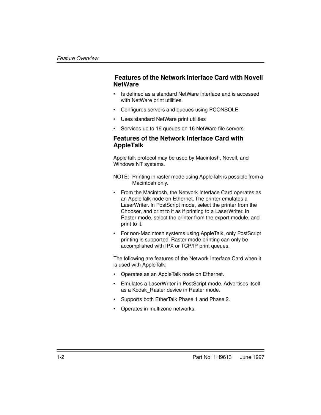 Kodak XLS 8400 setup guide Features of the Network Interface Card with Novell NetWare 