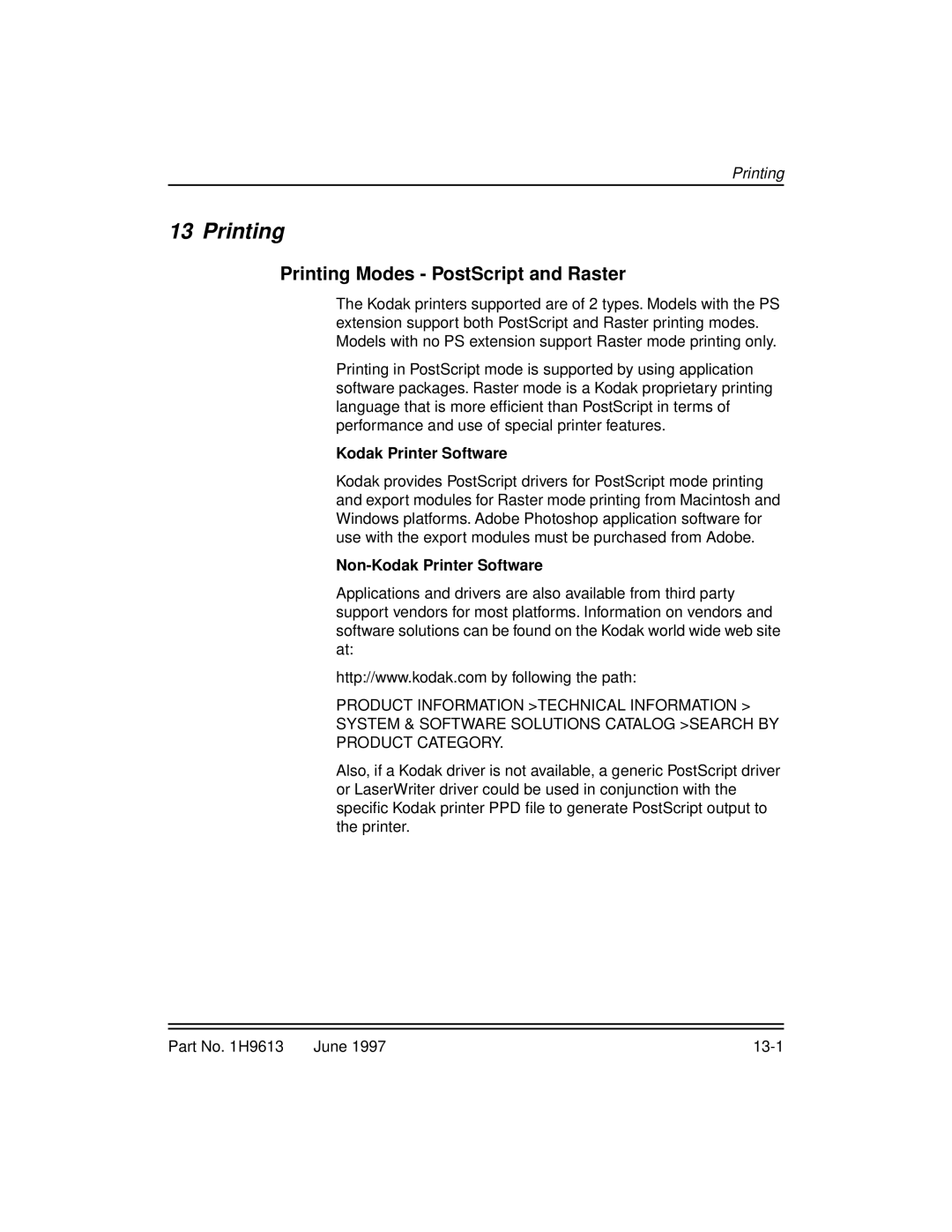 Kodak XLS 8400 setup guide Printing Modes PostScript and Raster, Non-Kodak Printer Software 