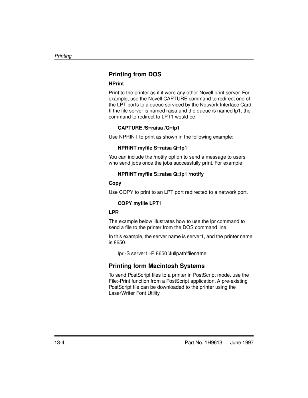 Kodak XLS 8400 setup guide Printing from DOS, Printing form Macintosh Systems 