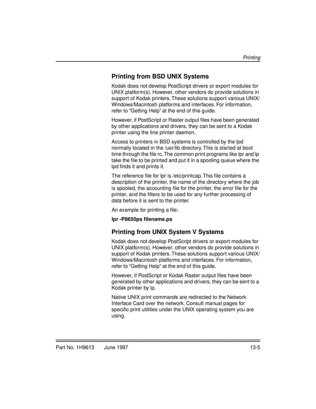 Kodak XLS 8400 setup guide Printing from BSD Unix Systems, Printing from Unix System V Systems, Lpr -P8650ps ﬁlename.ps 