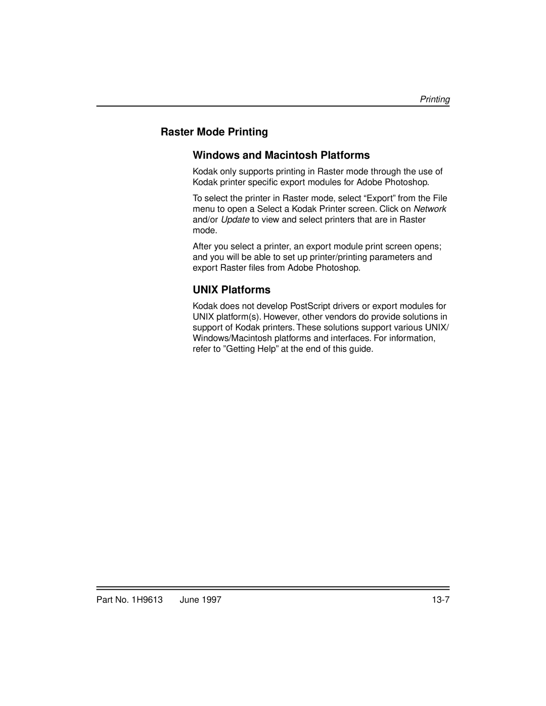 Kodak XLS 8400 setup guide Raster Mode Printing Windows and Macintosh Platforms, Unix Platforms 