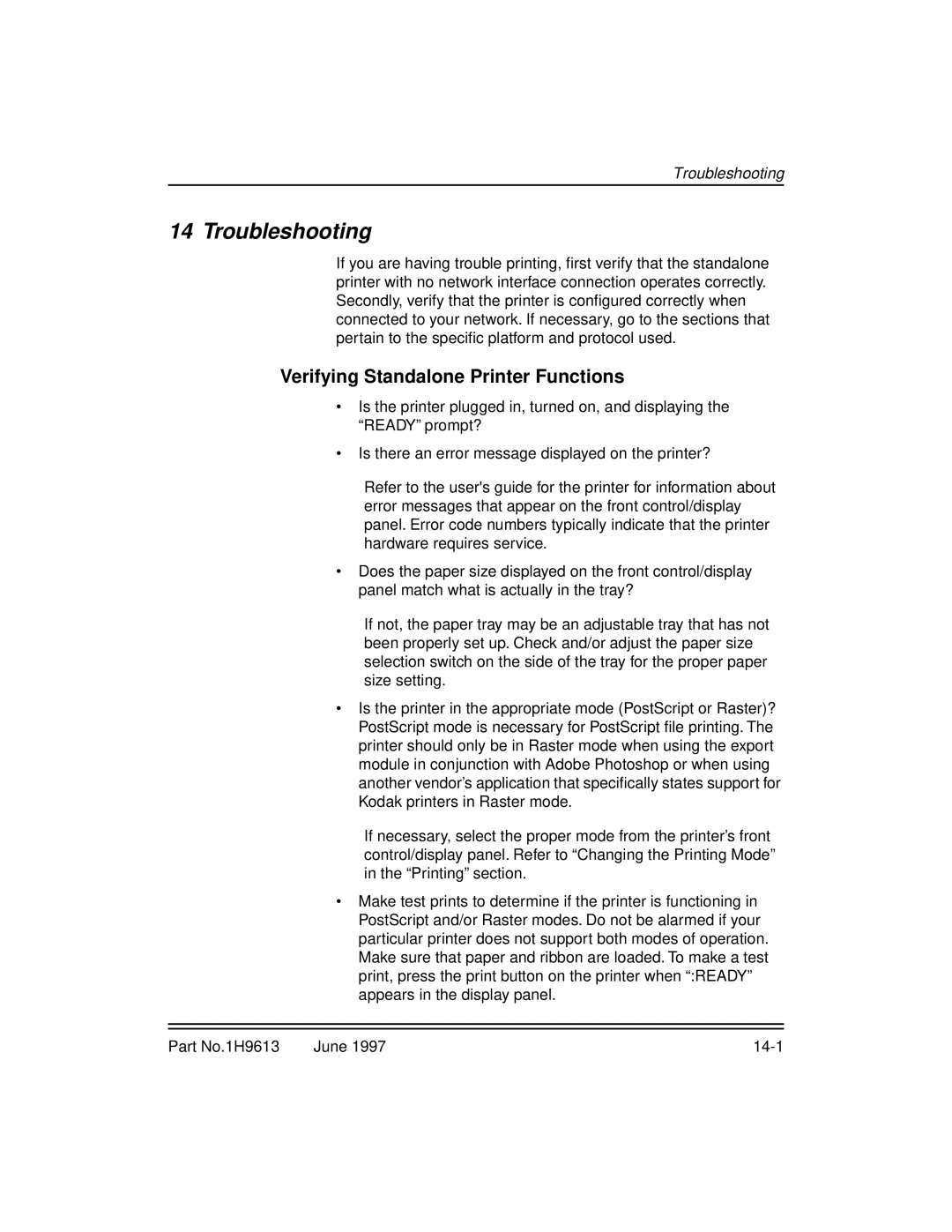 Kodak XLS 8400 setup guide Troubleshooting, Verifying Standalone Printer Functions 