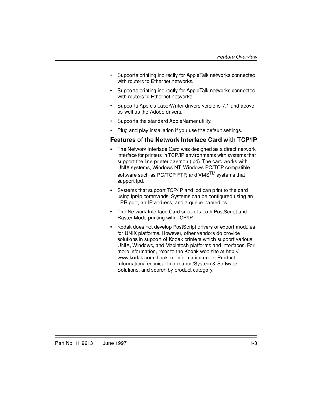 Kodak XLS 8400 setup guide Features of the Network Interface Card with TCP/IP 