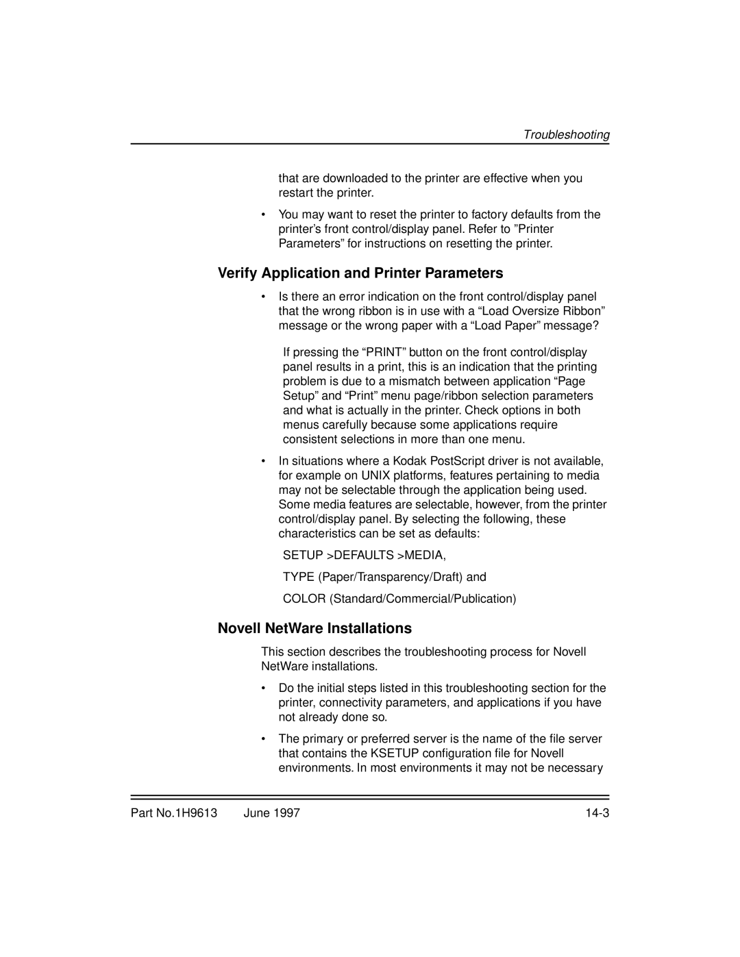 Kodak XLS 8400 setup guide Verify Application and Printer Parameters, Novell NetWare Installations, Setup Defaults Media 