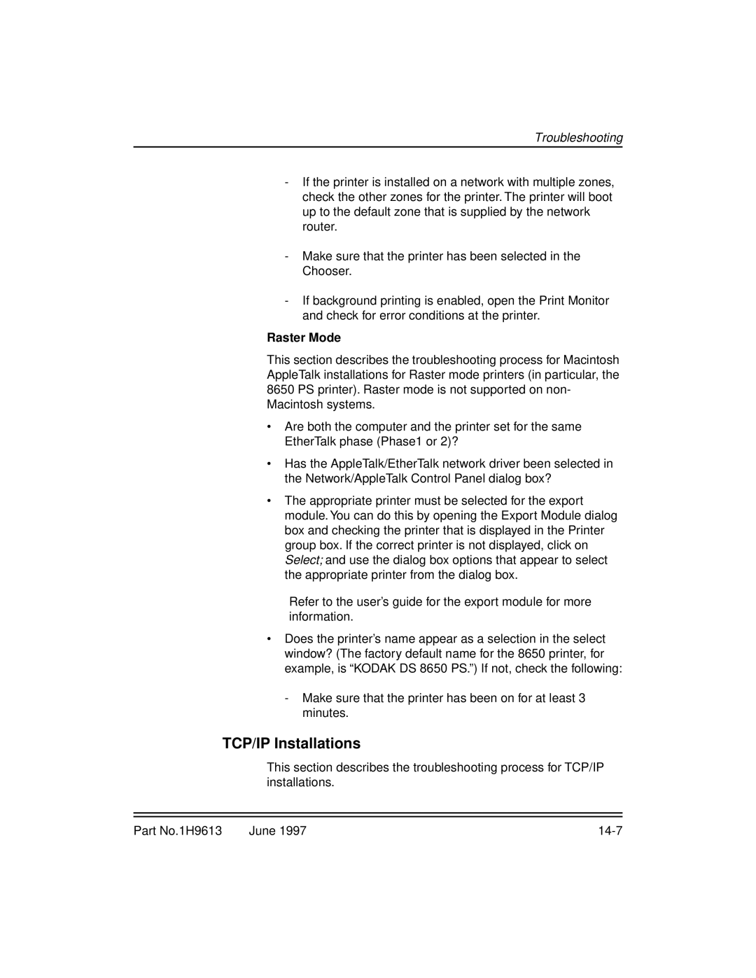 Kodak XLS 8400 setup guide TCP/IP Installations, Raster Mode 