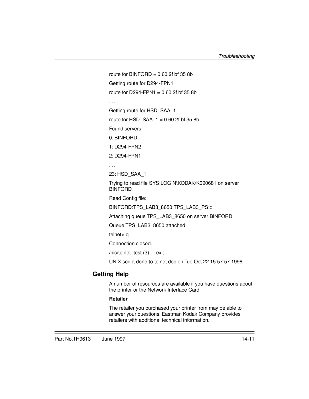 Kodak XLS 8400 setup guide Getting Help, Binford, Retailer 