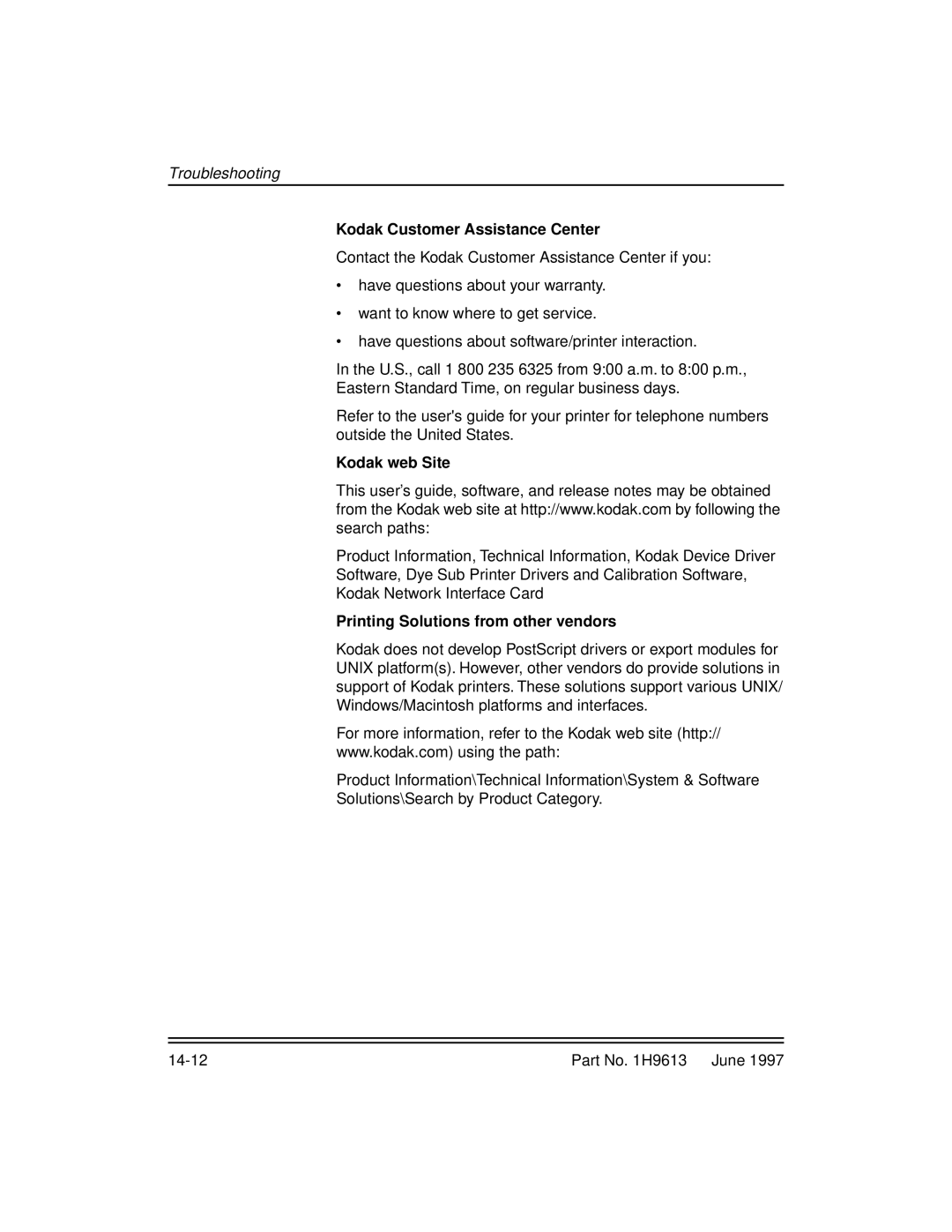 Kodak XLS 8400 setup guide Kodak Customer Assistance Center, Kodak web Site, Printing Solutions from other vendors 