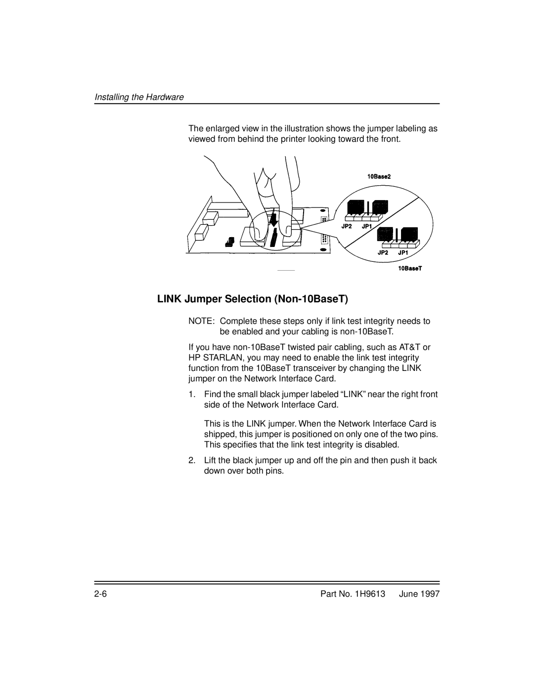 Kodak XLS 8400 setup guide Link Jumper Selection Non-10BaseT 