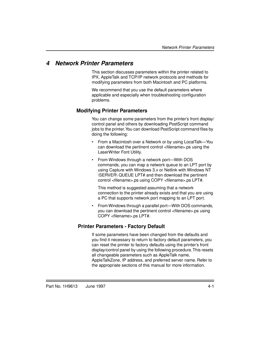 Kodak XLS 8400 setup guide Network Printer Parameters, Modifying Printer Parameters, Printer Parameters Factory Default 