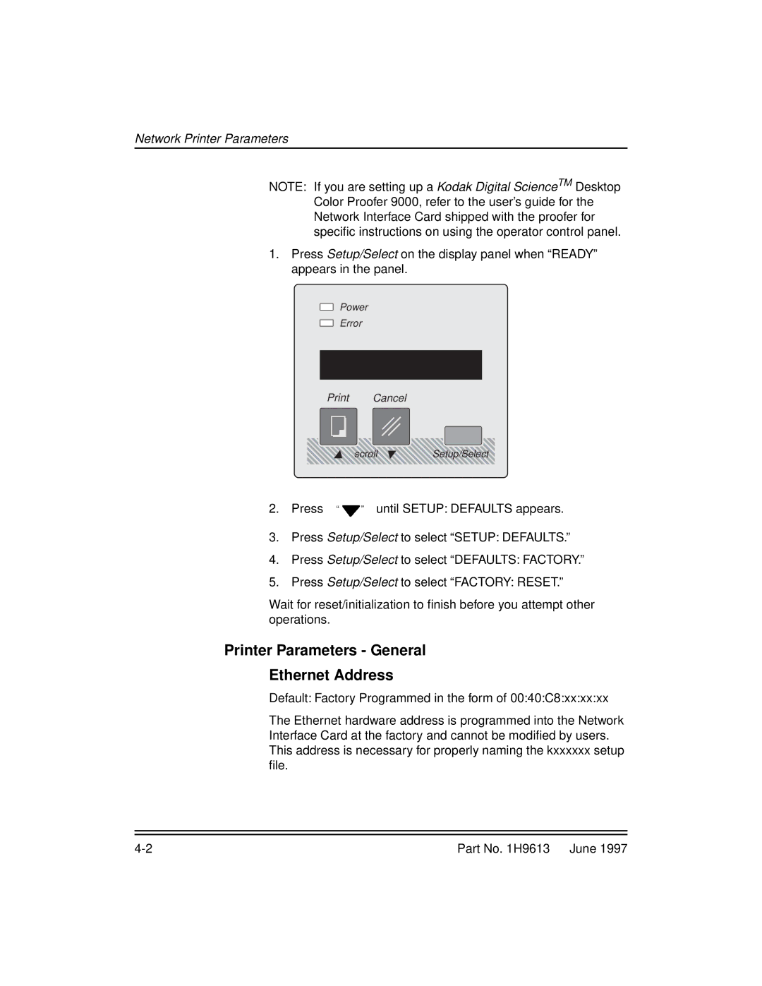 Kodak XLS 8400 setup guide Printer Parameters General Ethernet Address 