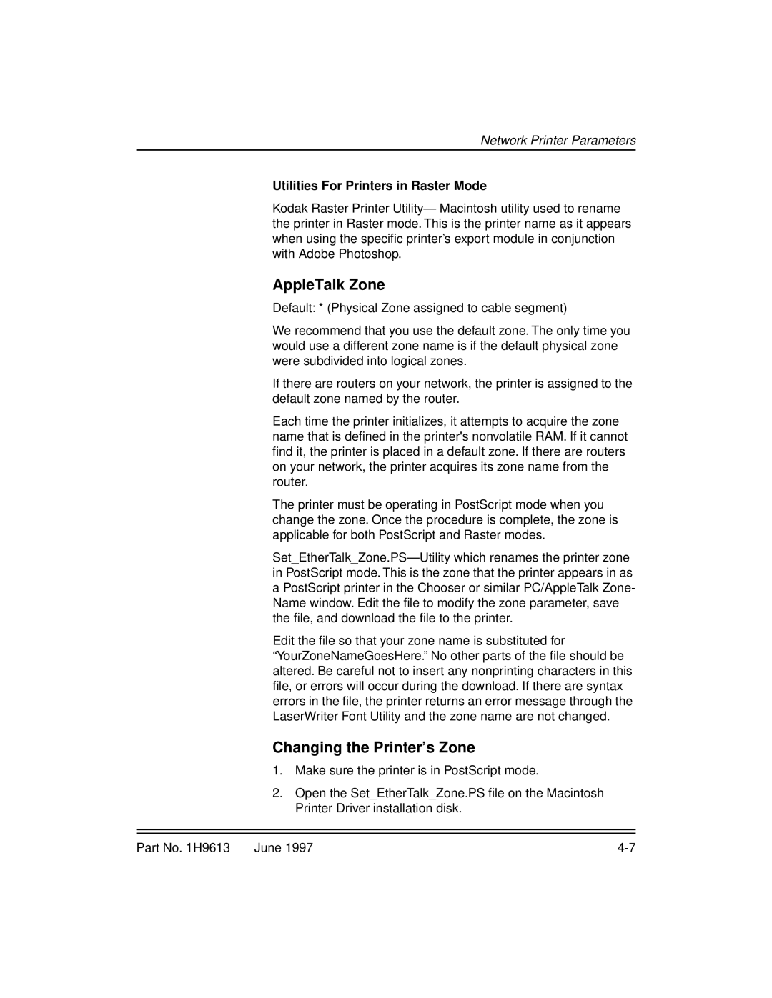 Kodak XLS 8400 setup guide AppleTalk Zone, Changing the Printer’s Zone, Utilities For Printers in Raster Mode 