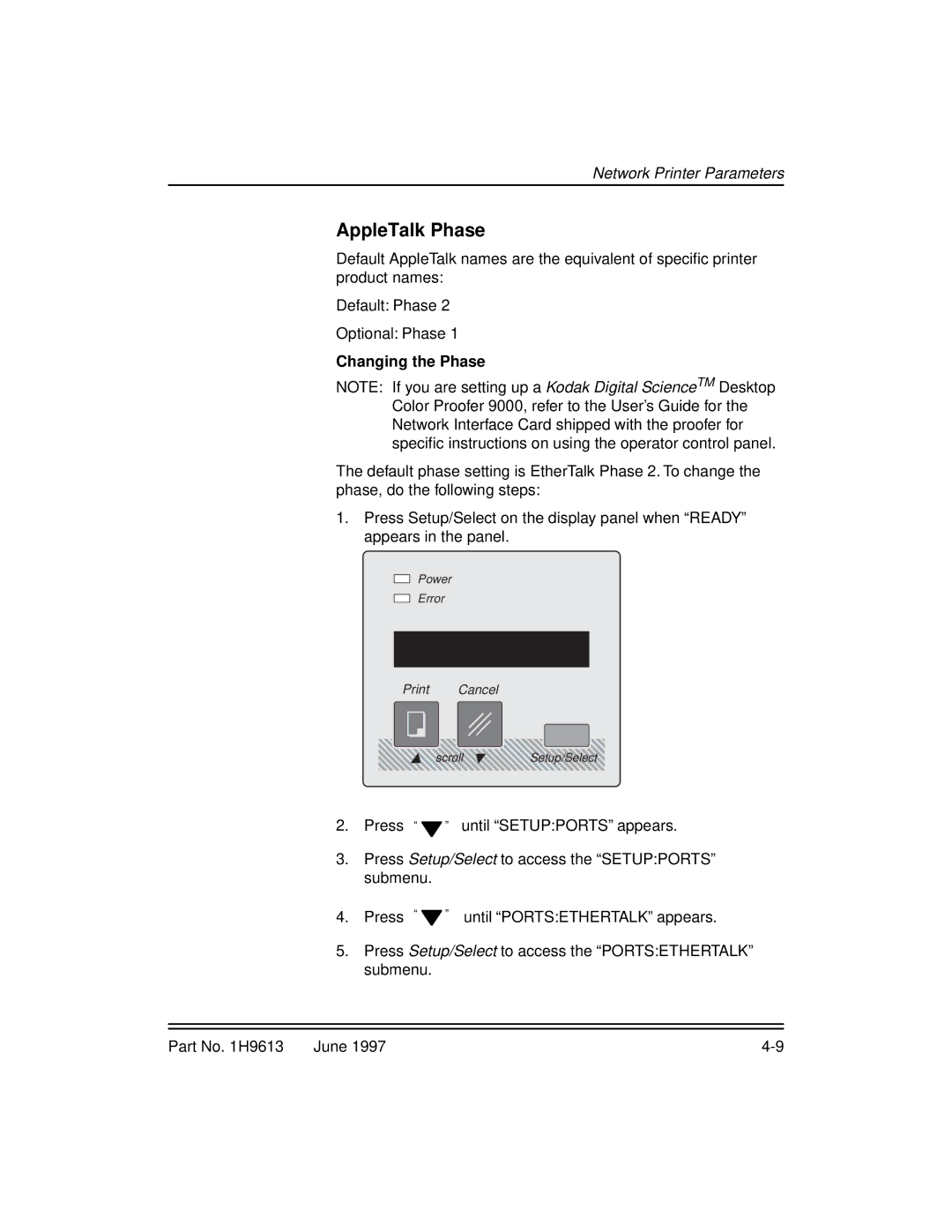 Kodak XLS 8400 setup guide AppleTalk Phase, Changing the Phase 