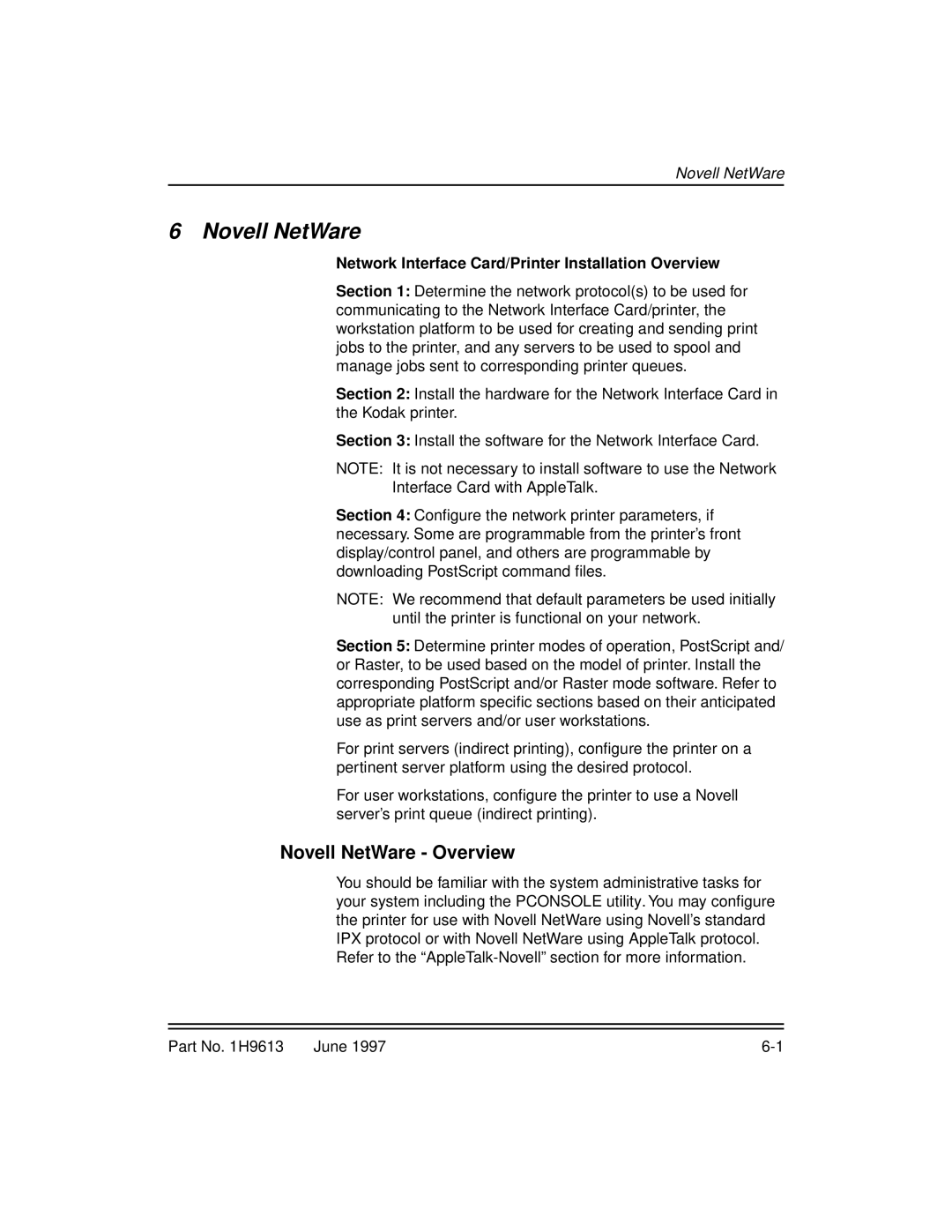 Kodak XLS 8400 setup guide Novell NetWare Overview, Network Interface Card/Printer Installation Overview 