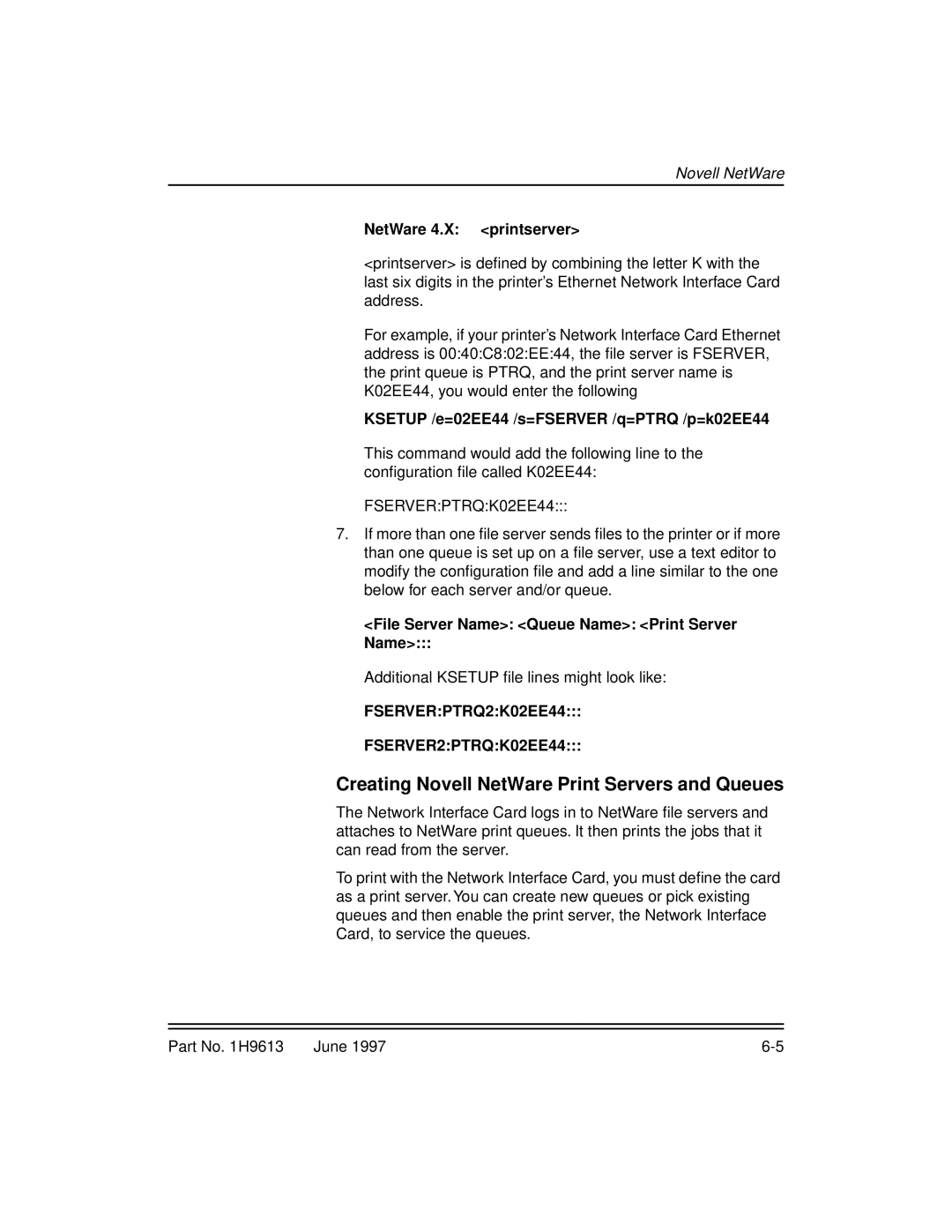 Kodak XLS 8400 setup guide Creating Novell NetWare Print Servers and Queues, NetWare 4.X printserver, FSERVERPTRQK02EE44 