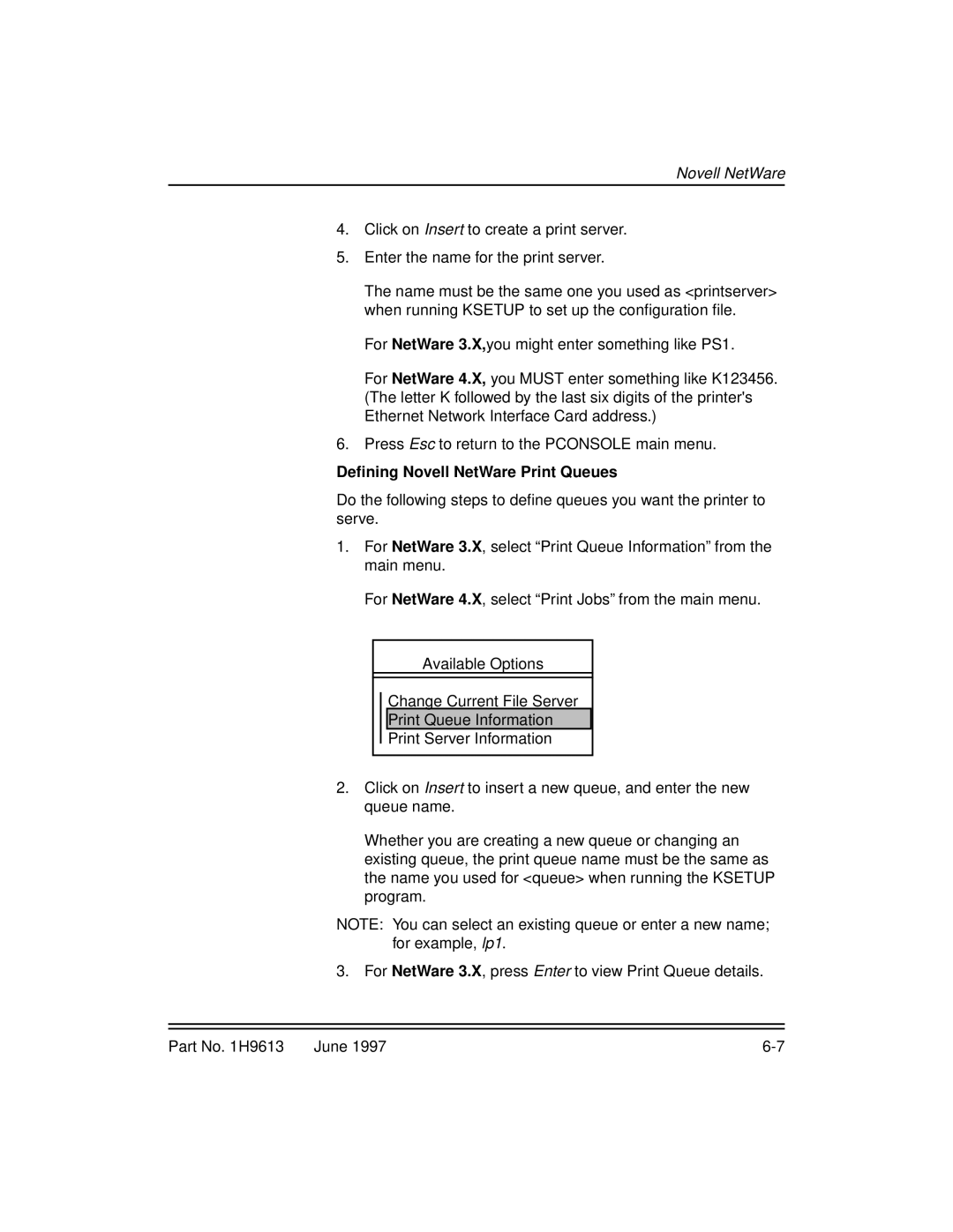 Kodak XLS 8400 setup guide Deﬁning Novell NetWare Print Queues 