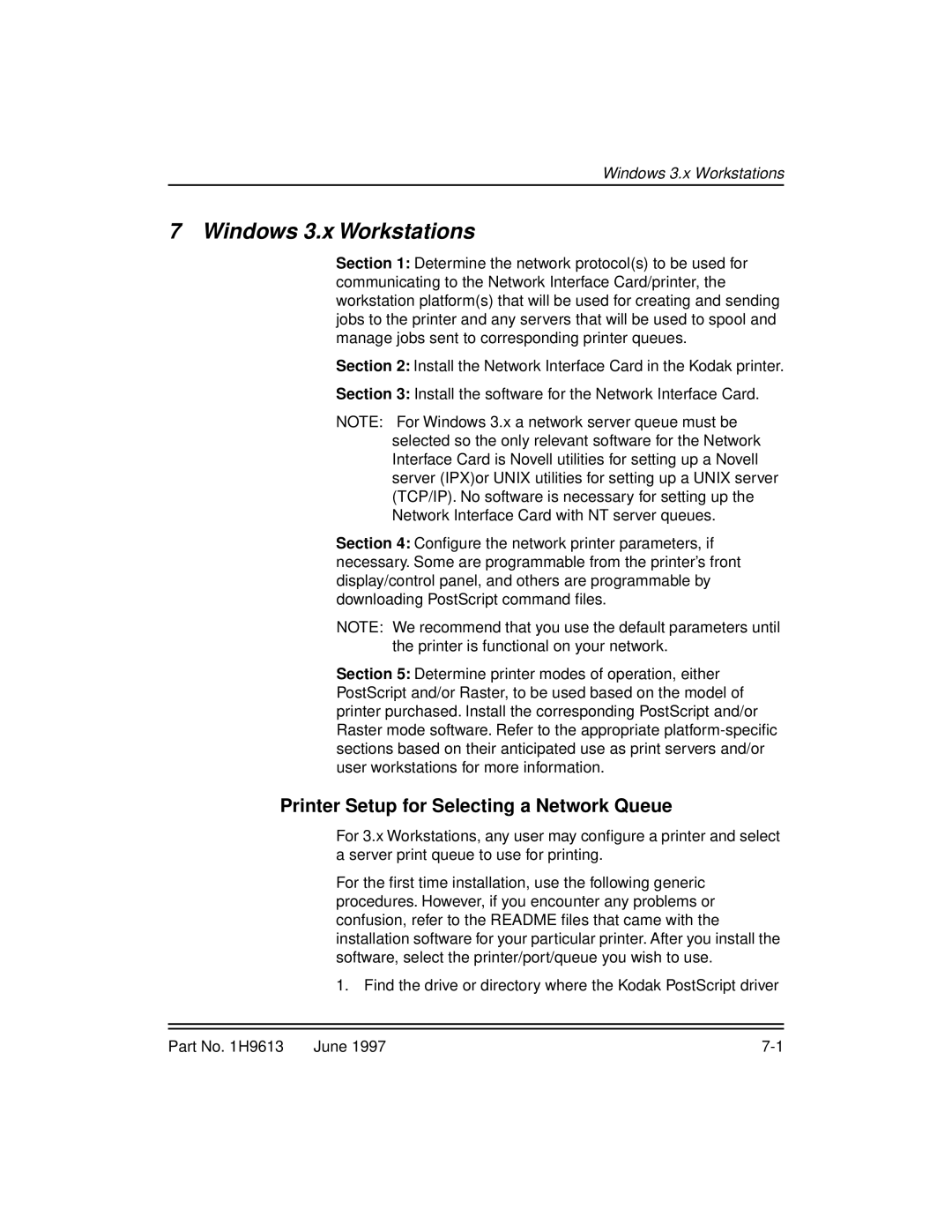 Kodak XLS 8400 setup guide Windows 3.x Workstations, Printer Setup for Selecting a Network Queue 