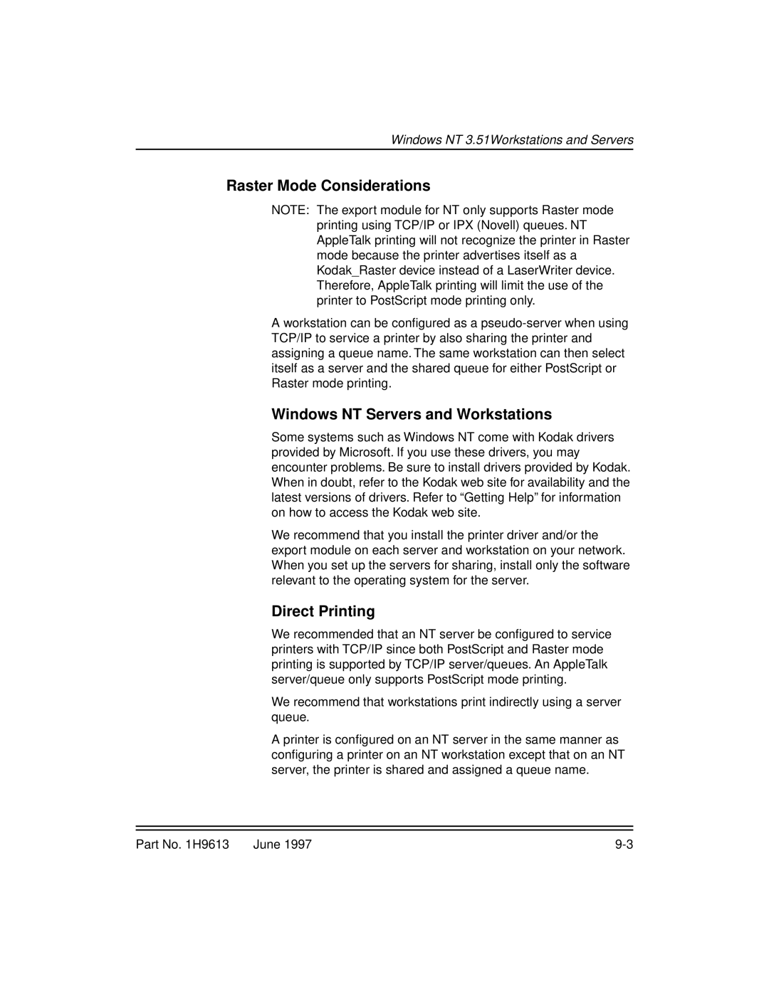 Kodak XLS 8400 setup guide Raster Mode Considerations, Windows NT Servers and Workstations, Direct Printing 