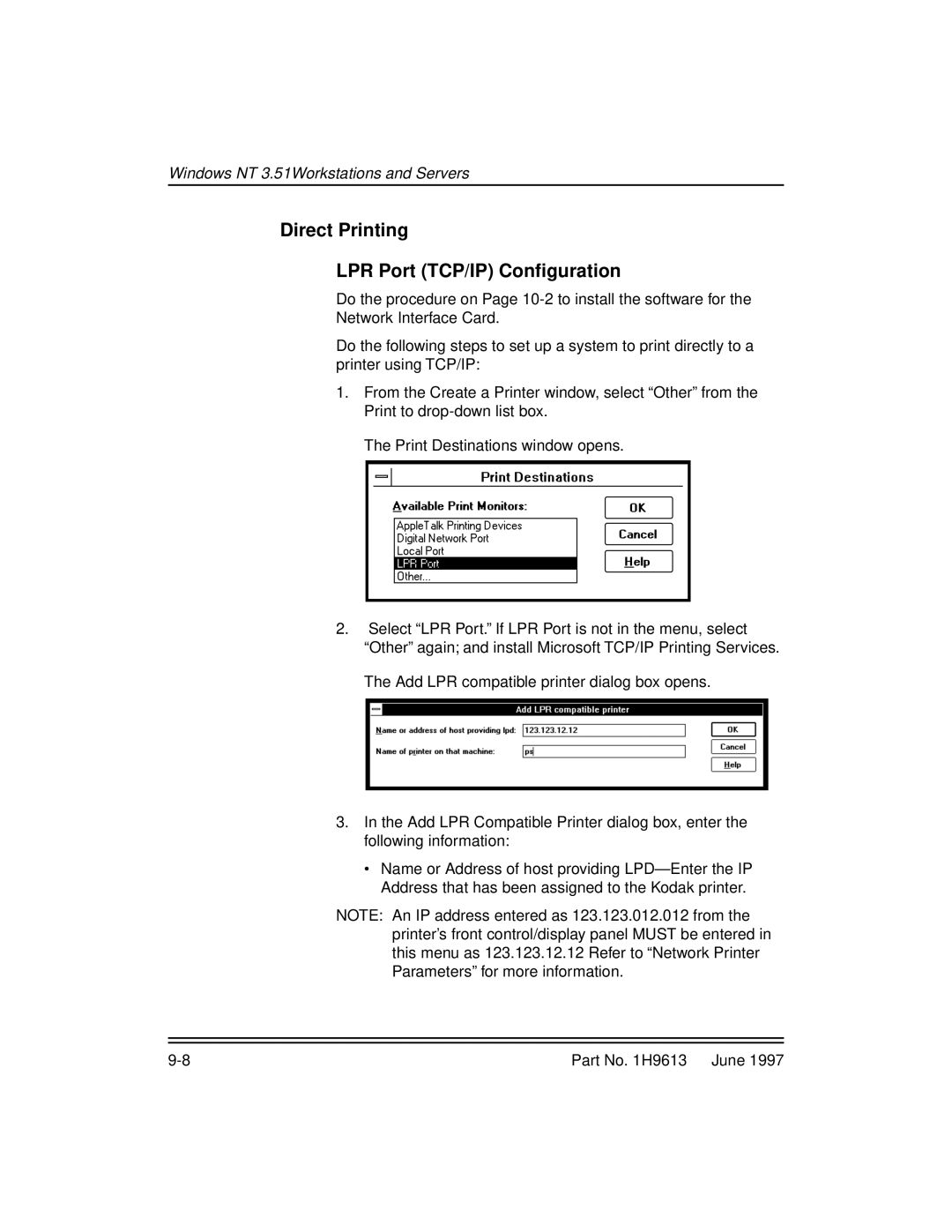 Kodak XLS 8400 setup guide Direct Printing LPR Port TCP/IP Configuration 