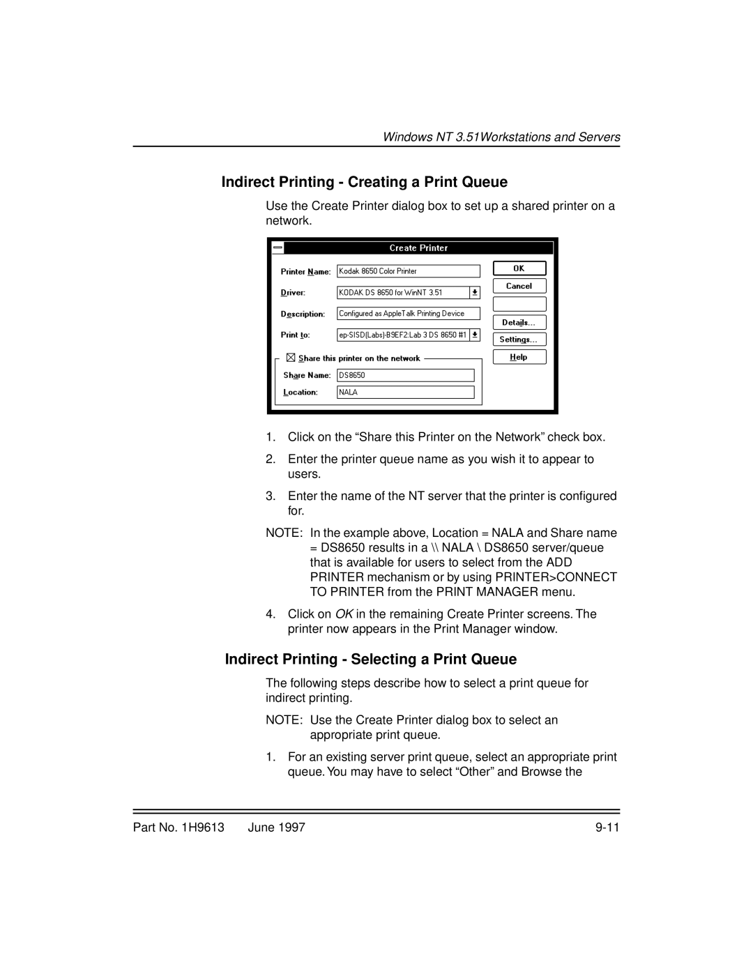 Kodak XLS 8400 setup guide Indirect Printing Creating a Print Queue, Indirect Printing Selecting a Print Queue 