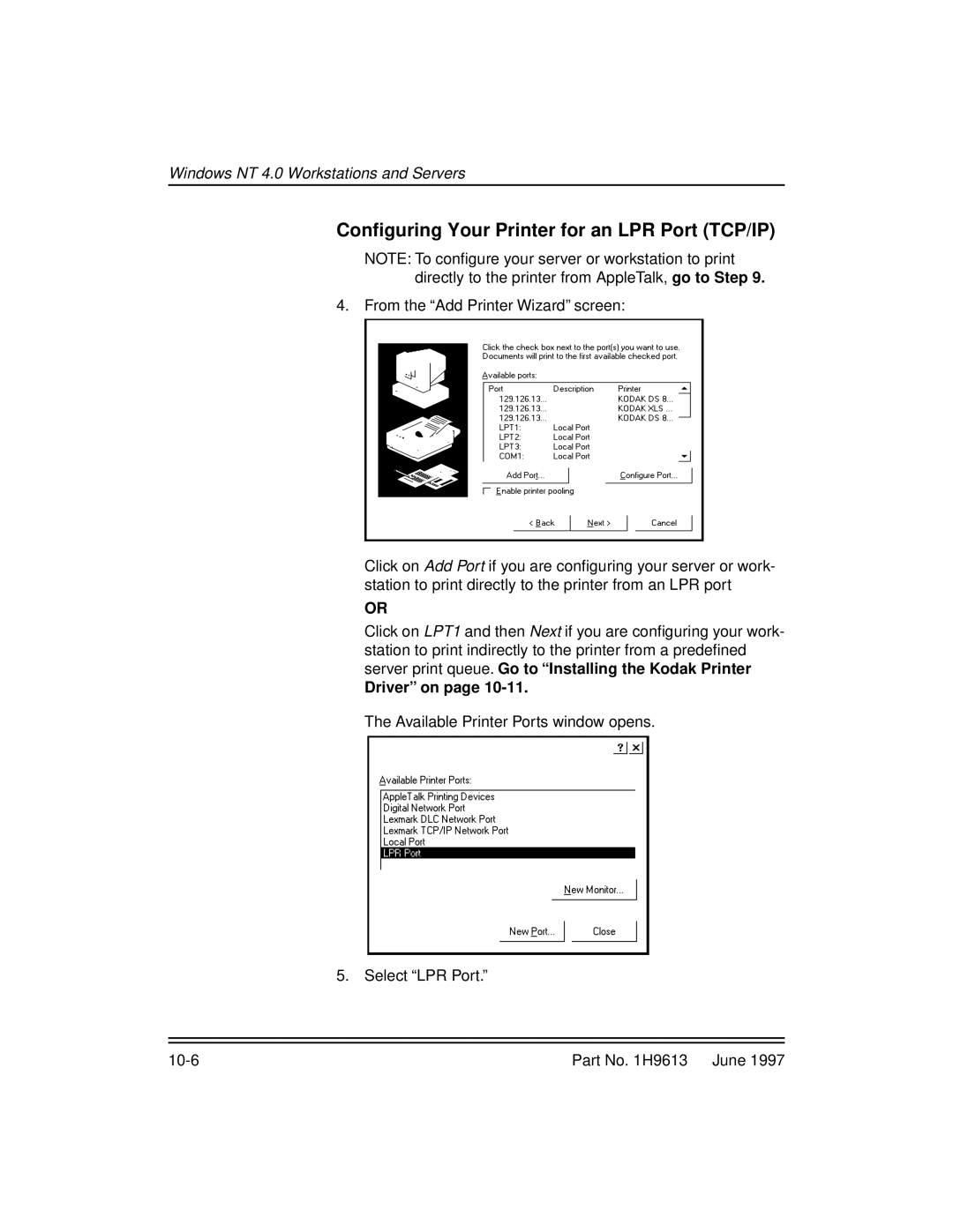 Kodak XLS 8400 setup guide Configuring Your Printer for an LPR Port TCP/IP, Driver on 