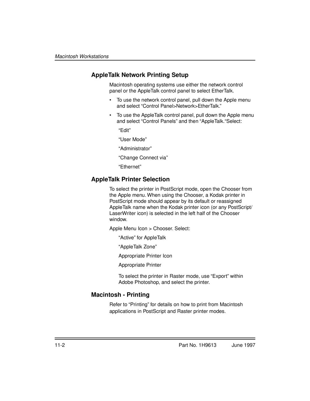 Kodak XLS 8400 setup guide AppleTalk Network Printing Setup, AppleTalk Printer Selection, Macintosh Printing 