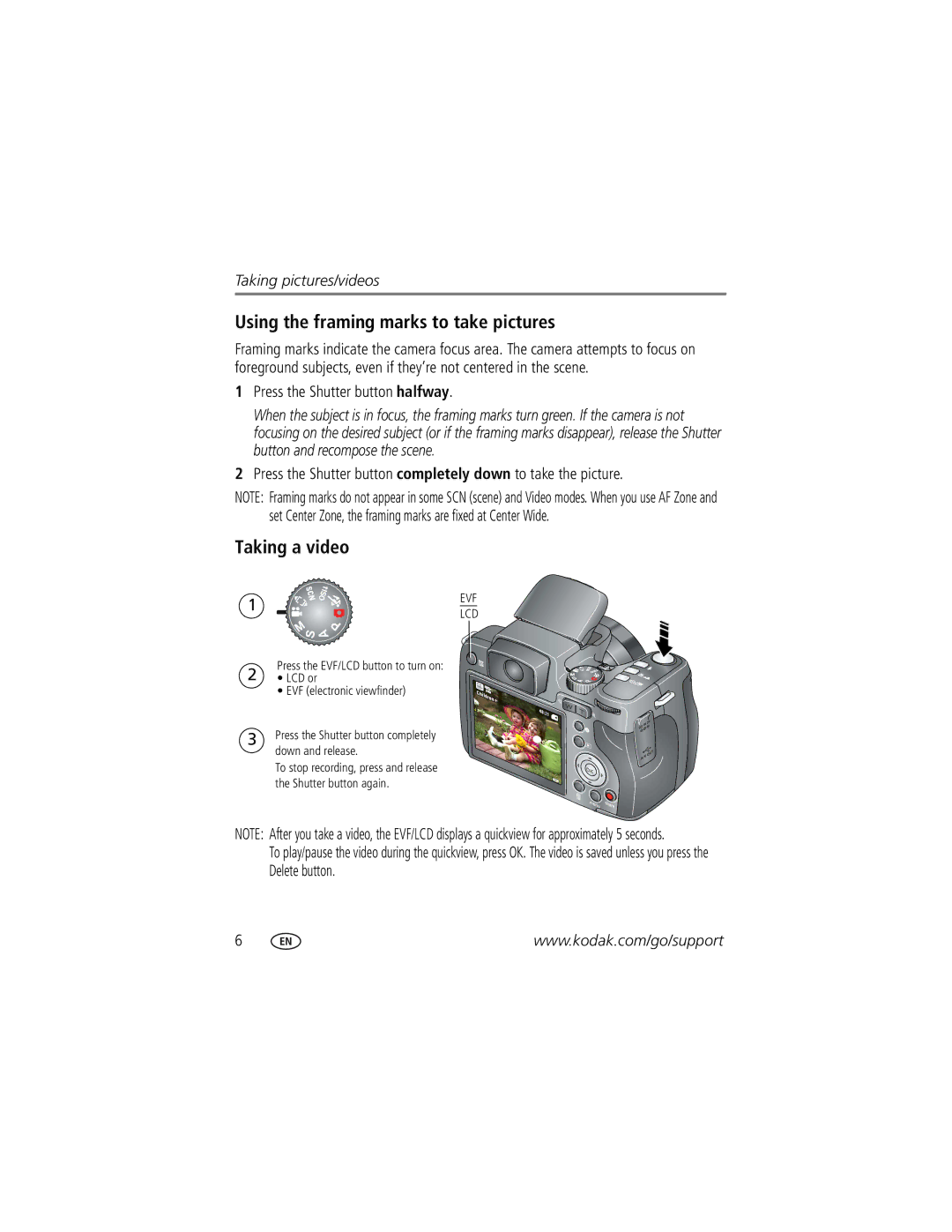 Kodak Z1012 IS manual Using the framing marks to take pictures, Taking a video, Press the Shutter button halfway 