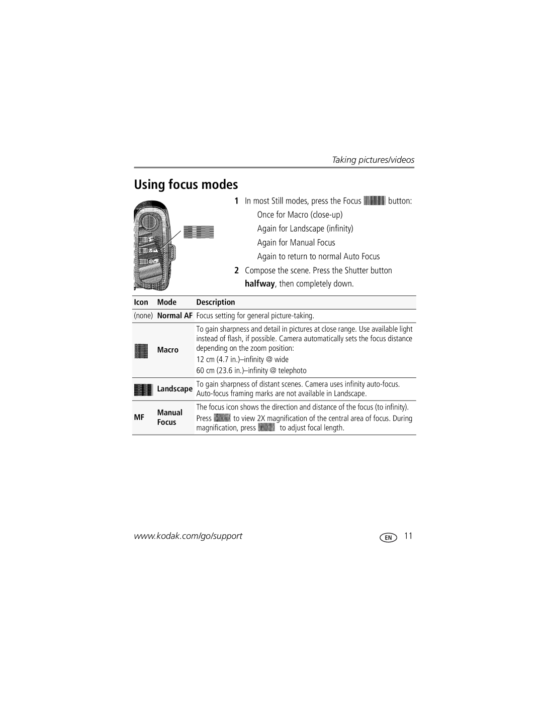 Kodak Z1012 IS manual Using focus modes, Once for Macro close-up, Again to return to normal Auto Focus 