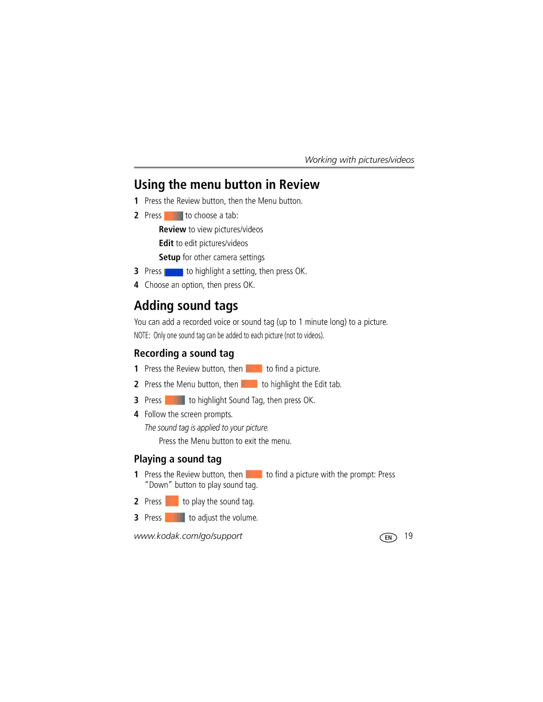 Kodak Z1012 IS manual Using the menu button in Review, Adding sound tags, Recording a sound tag, Playing a sound tag 