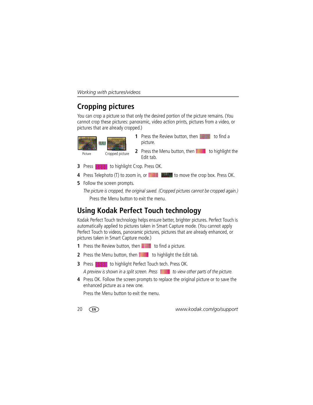 Kodak Z1012 IS manual Cropping pictures, Using Kodak Perfect Touch technology, Edit tab Press to highlight Crop. Press OK 