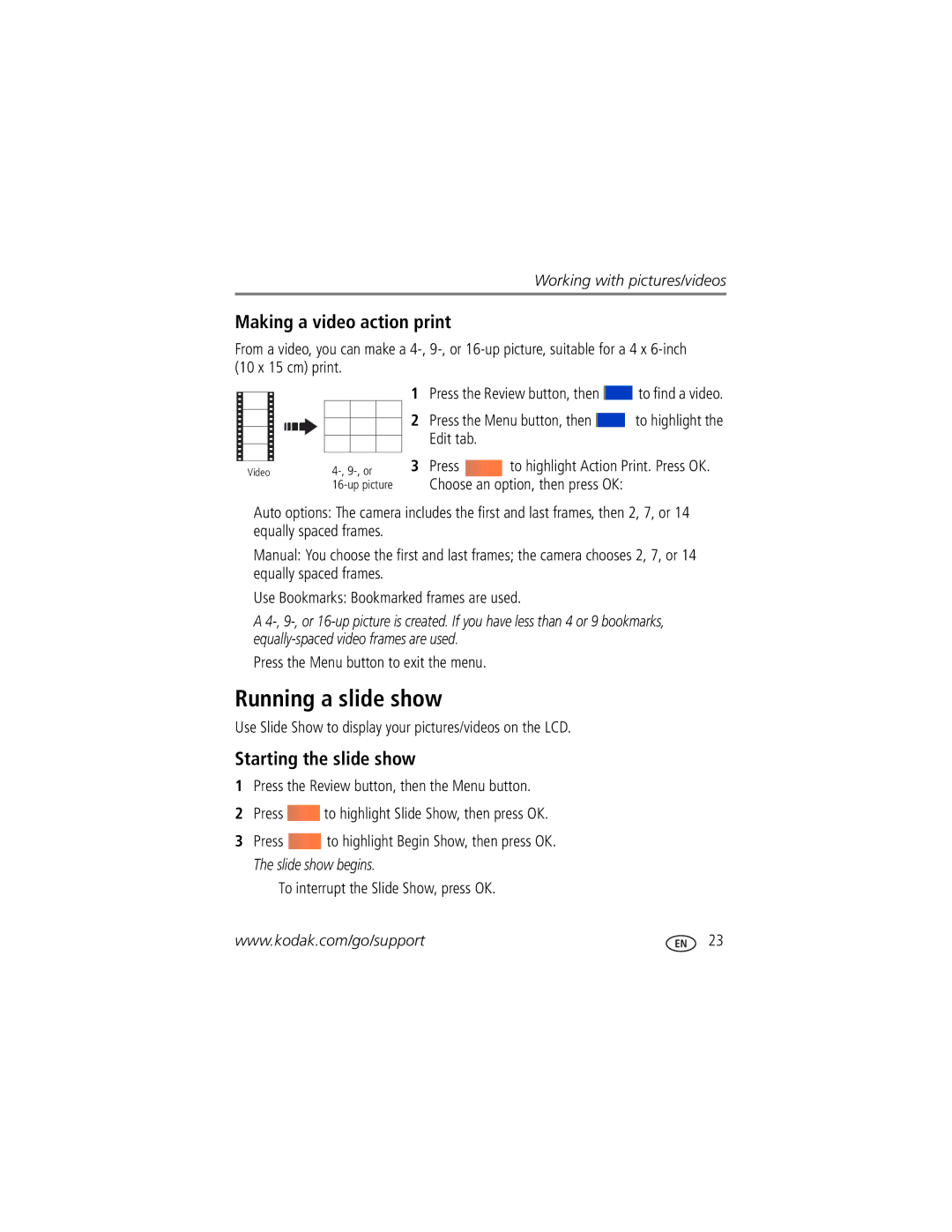 Kodak Z1012 IS manual Running a slide show, Making a video action print, Starting the slide show 