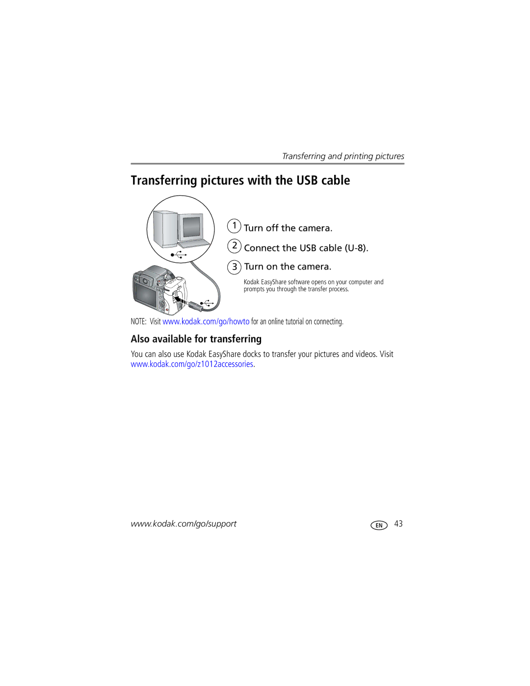 Kodak Z1012 IS manual Transferring pictures with the USB cable, Also available for transferring 