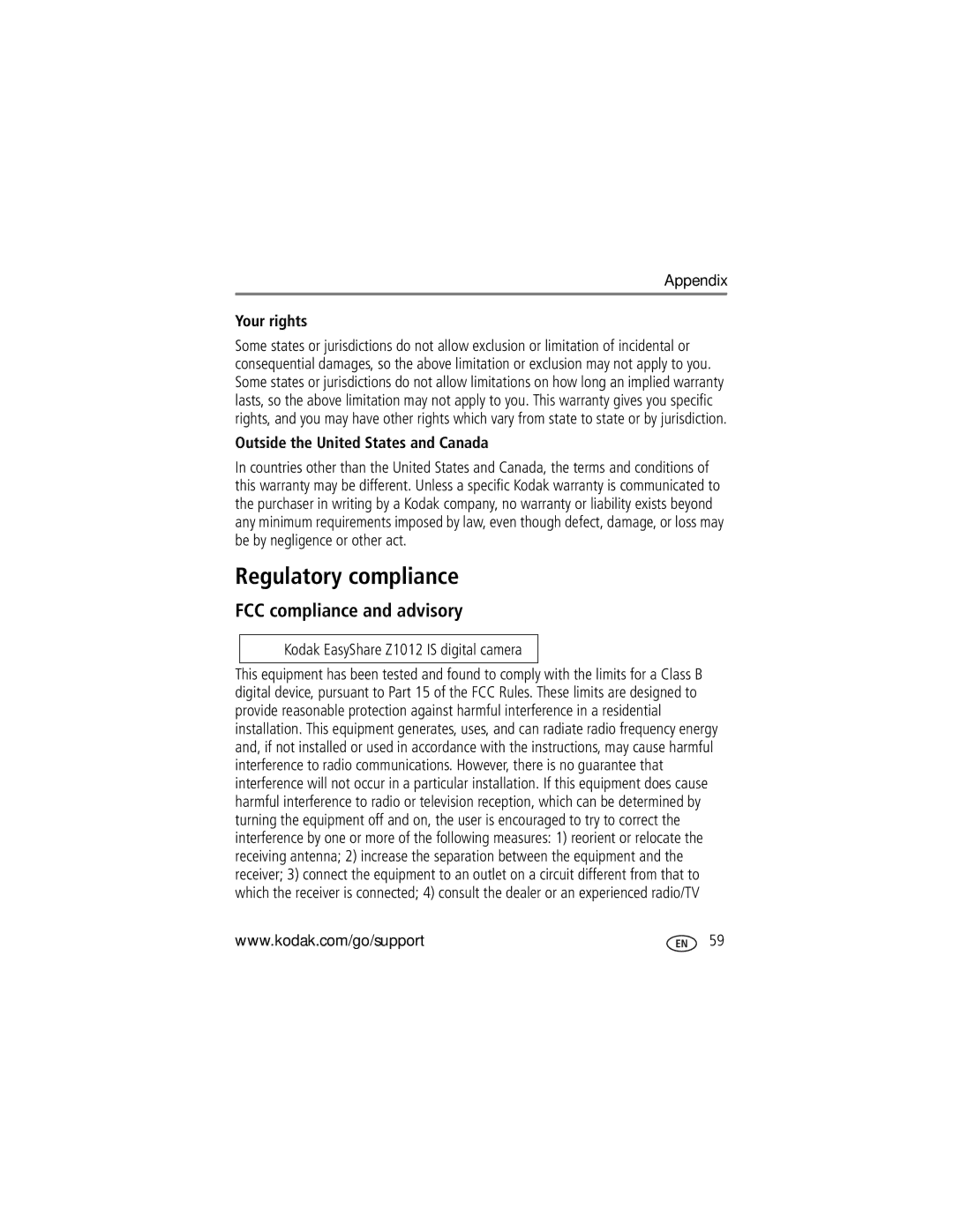 Kodak Z1012 IS manual Regulatory compliance, FCC compliance and advisory, Your rights, Outside the United States and Canada 